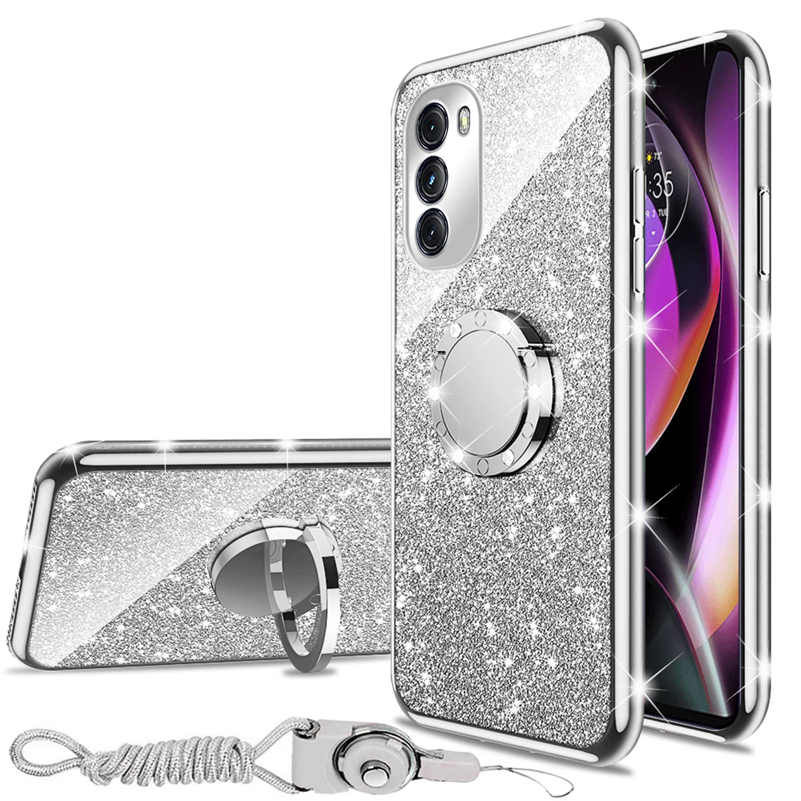Phone Case for Moto G-5G 2022, for Motorola G 5G 2022 Case with Ring Kickstand Lanyard Bumper Shockproof Protection Case Cute Soft TPU Glitter Cover