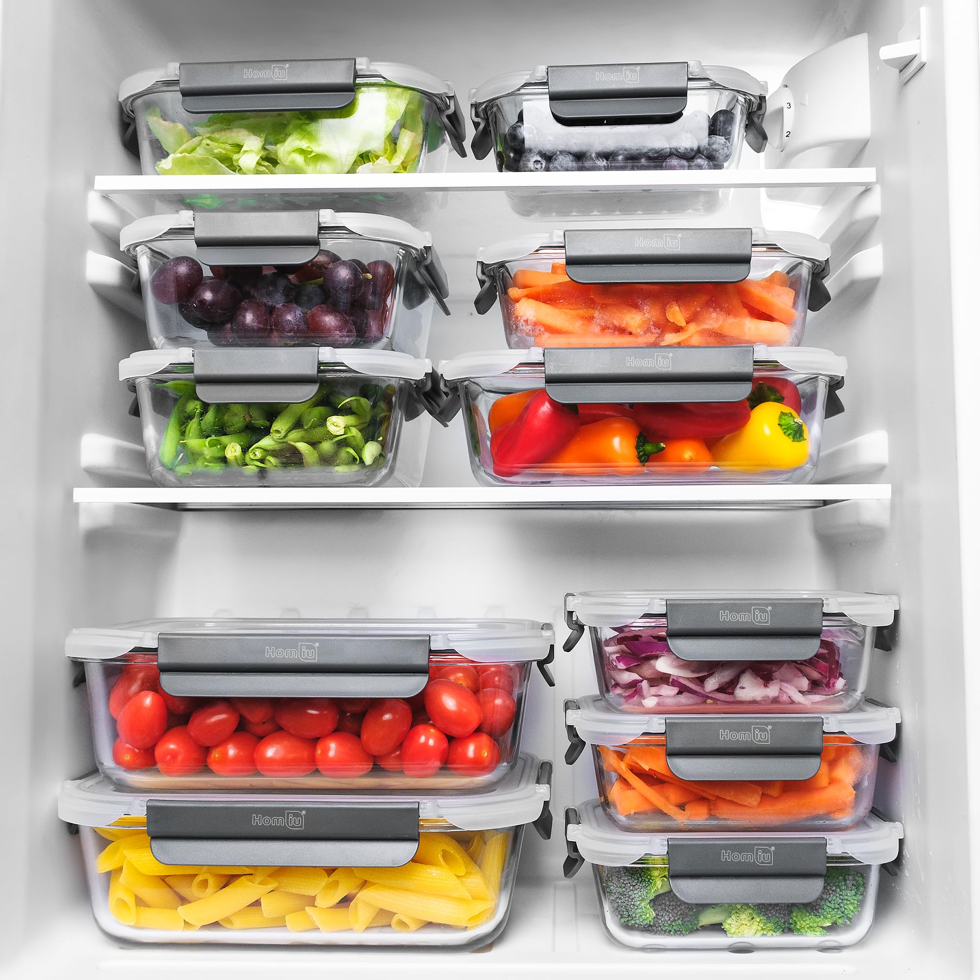 Homiu Recipientes de vidrio para alimentos con tapas, recipientes herméticos de vidrio para preparación de comidas, sin BPA, a prueba de fugas, reutilizable, aptos para microondas, congelador y horno
