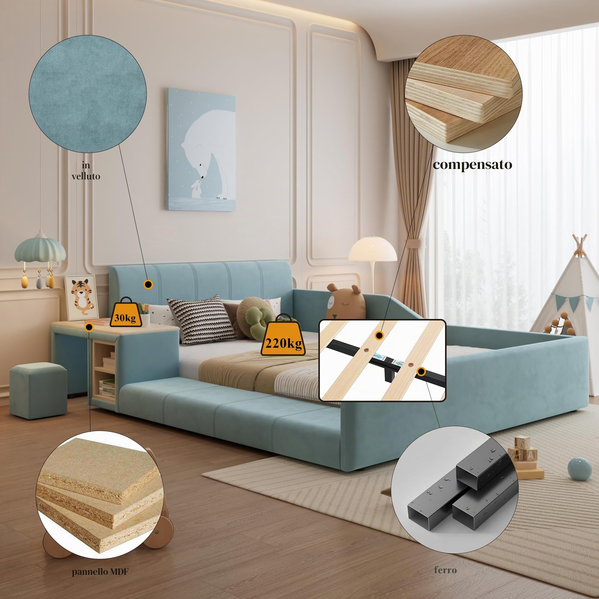 Letto imbottito con scrivania per bambini e sgabello, con ripiano, 140 x 200 cm, letto singolo, letto matrimoniale con testiera e rete a doghe, in velluto, blu