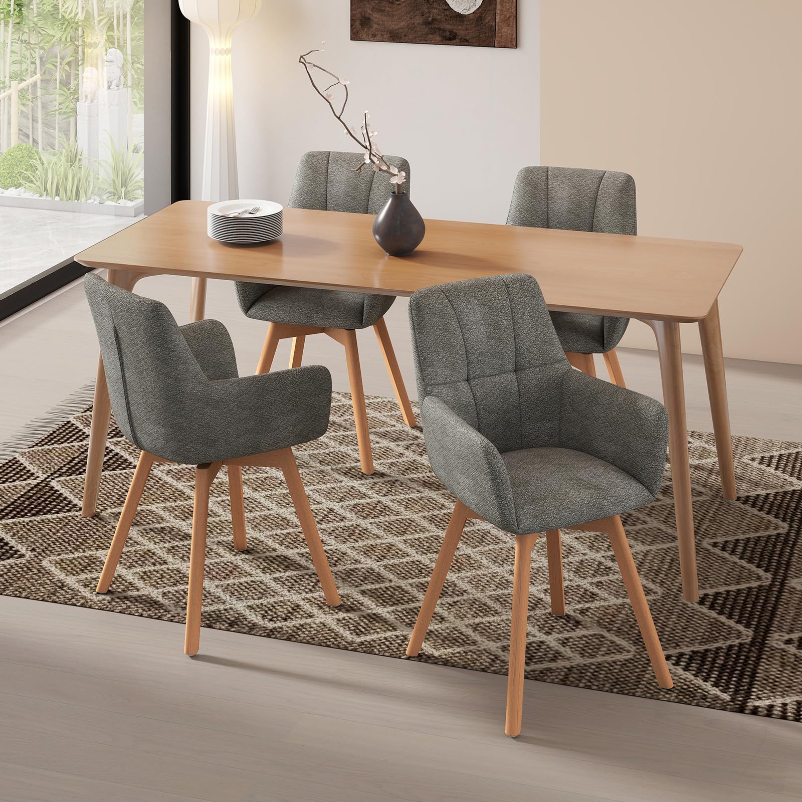 LEWE Esszimmerstühle Drehbar 2er Set mit Armlehne und Holzbeinen,Dunkelgrau | 360°Drehstuhl, Polsterstuhl mit Ergonomische Stoffrückenlehne, Stühle für Esszimmer, Küche, Wohnzimmer, Schlafzimmer