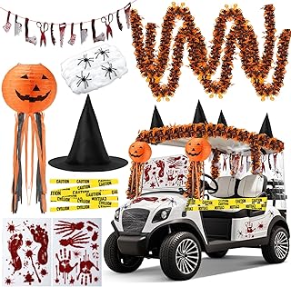 Halloween Golf Cart Decorations Halloween Themed Car Decoration Kit Blood Knife Banner Pumpkin Lanterns Witch Hat Bloody Handprint Footprint Stickers for Golf Cart Party Supplies Decor