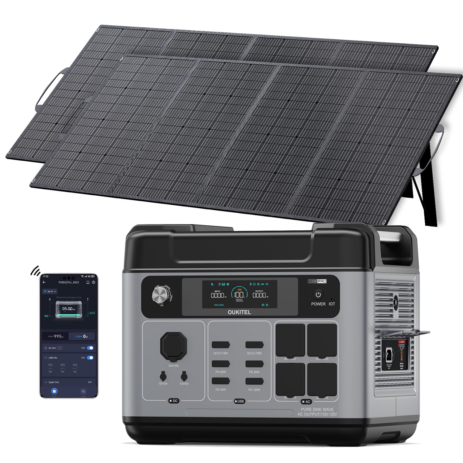 OUKITEL P2001 Pro 3200W Stazione Elettrica Portatile, Batteria LiFePO4 2048Wh, Generatore Solare con 2*200W Pannello, Ricarica Rapida, UPS <10ms, Stazione di Alimentazione per Casa, Campeggio & Camper