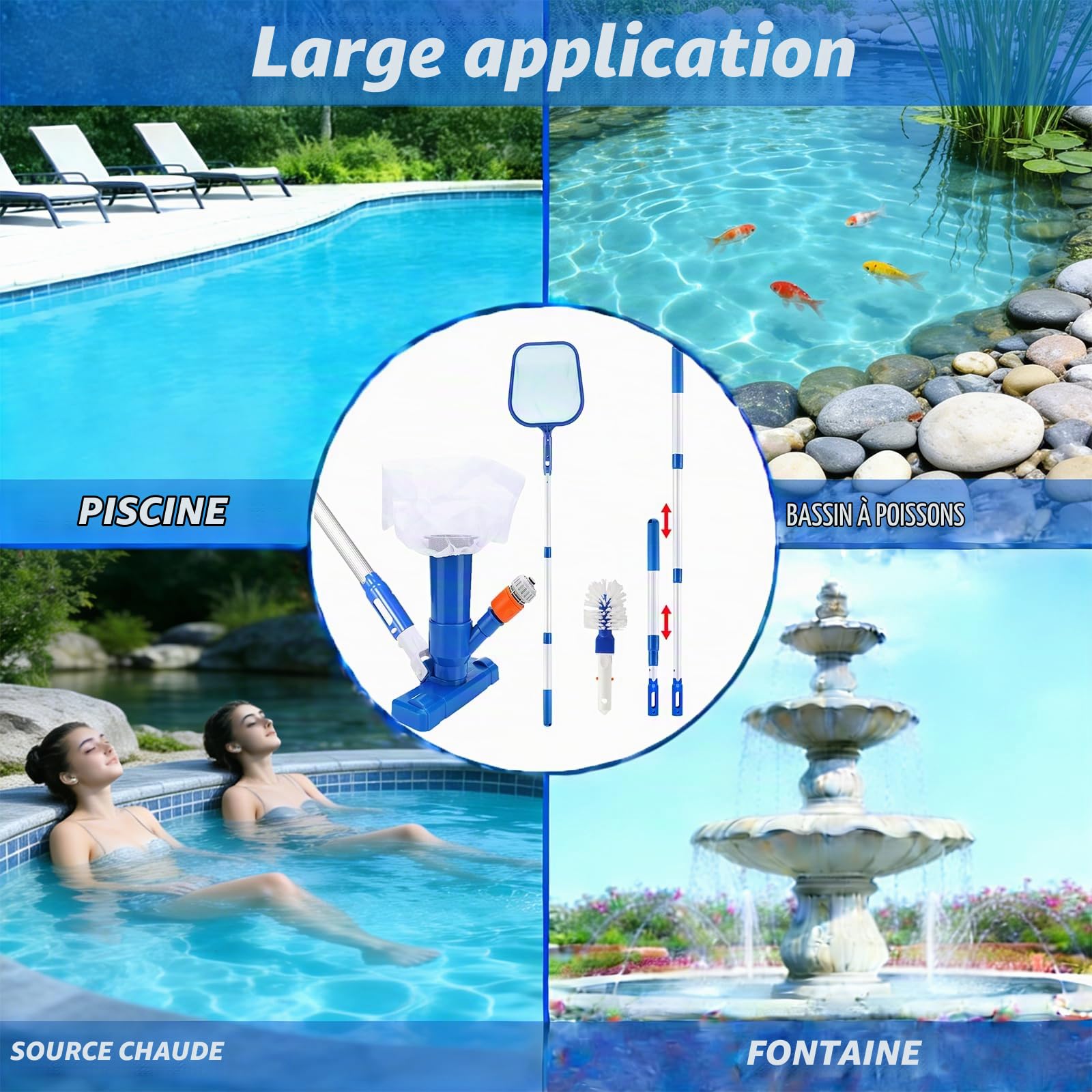 Kit d'aspirateur de fond de piscine, aspirateur jet portable avec tête de piscine à dépression avec manche télescopique, kit de nettoyage de piscine avec brosse de nettoyage et filet de skimmer pour