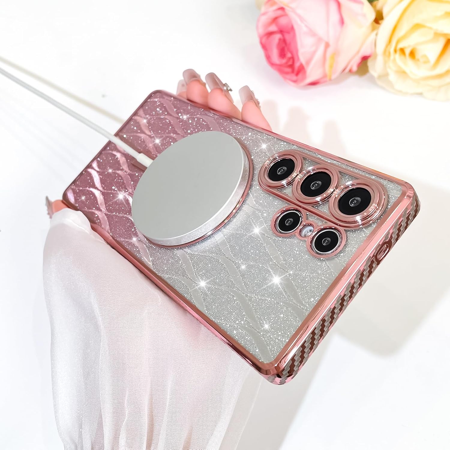 Bonoma Glitter Case for Samsung Galaxy S25 Ultra [ Compatible with MagSafe ], Plating Heart Magnetic Leaves Pattern Bling Case,Camera Protection Sparkly Slim Soft Back Cover for Women Girls,Pink - Image 4