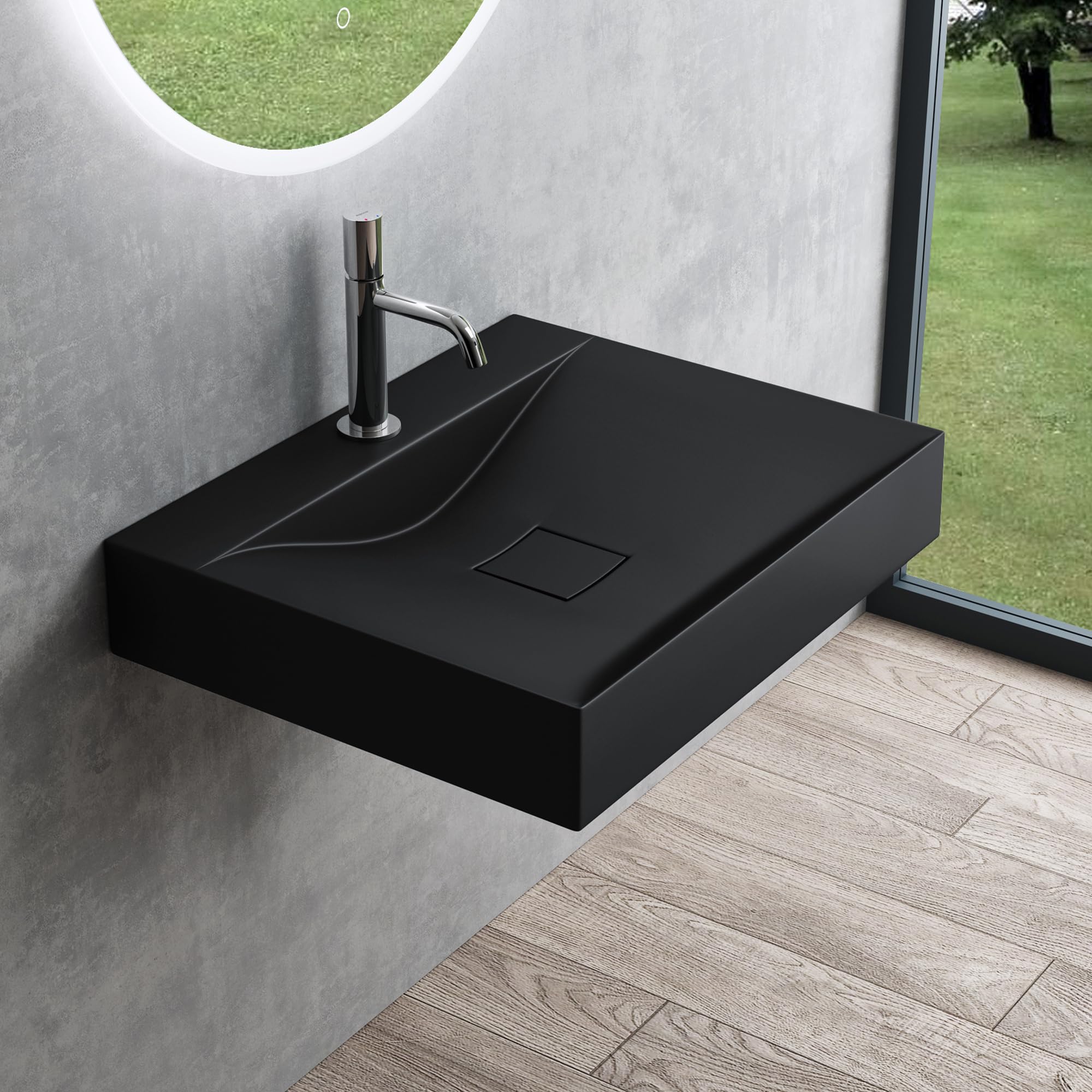 Mai & Mai Bathroom Sink Basin Countertop Wash Basin | Cast Stone Resin Sink Rectangular Matt Black Wall Hung | Solid Surface Sink with 1 tap Hole | WDH：60x48x10cm Col810