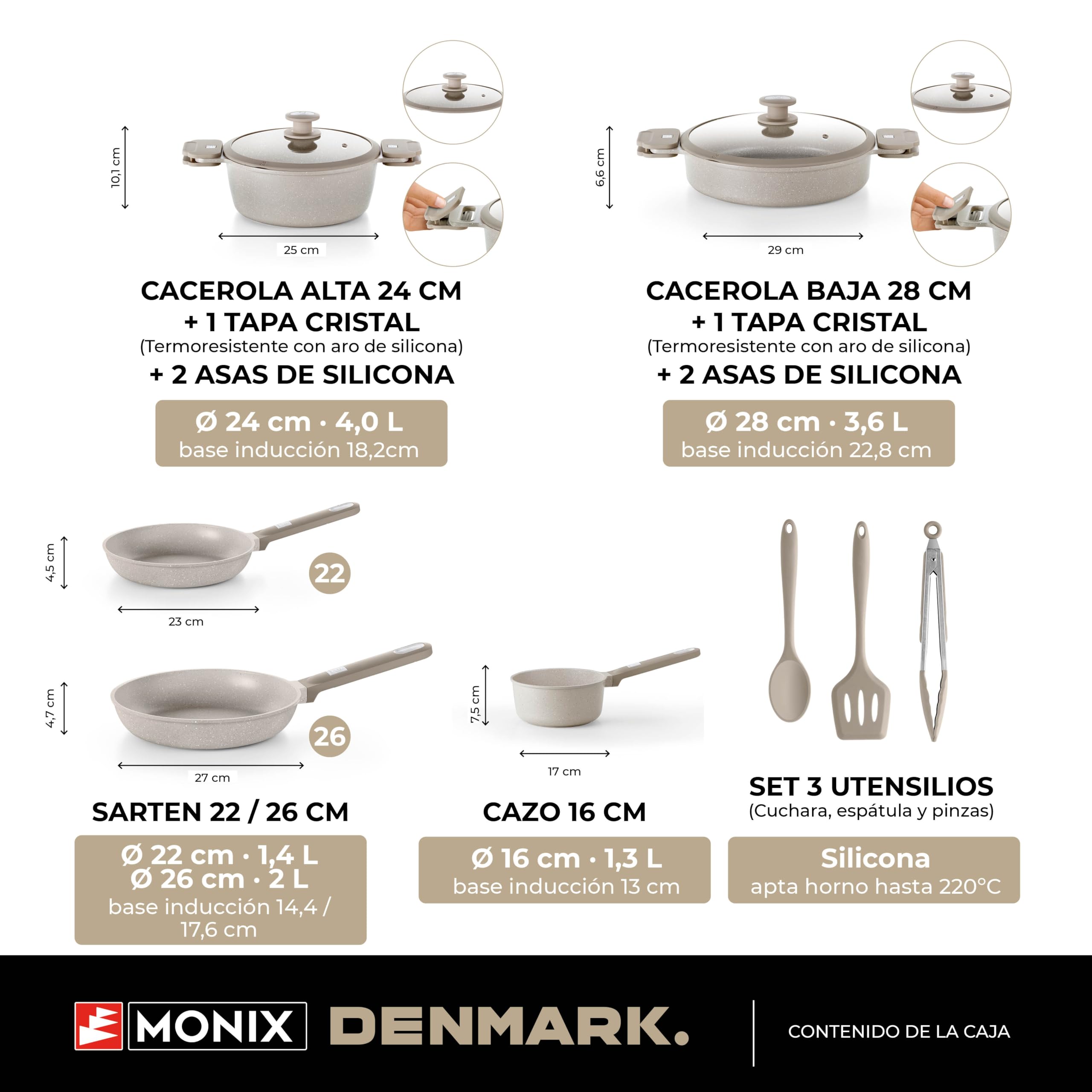 MONIX Denmark | Bateria de cocina 10 piezas, Aluminio Fundido con Antiadherente, Apta para todo tipo de Cocinas incluida Inducción