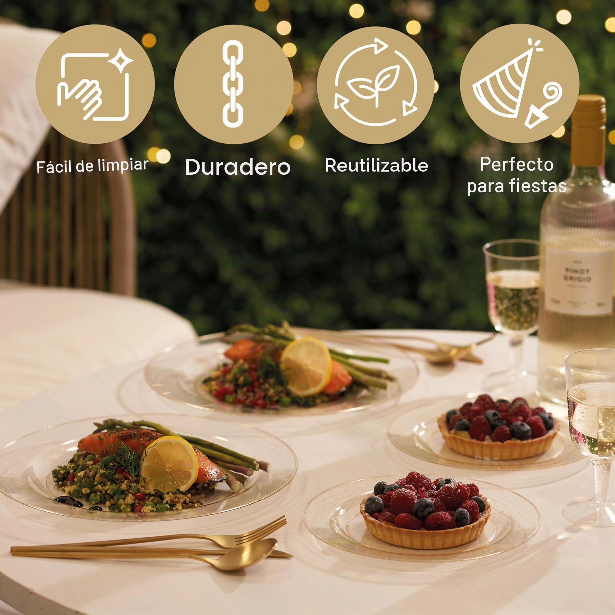 MATANA 120 Elegantes Platos de Plástico Duro con Purpurina Dorada (2 Tamaños) - Platos Dorados, Vajilla de Plástico Resistente y Reutilizable para Bodas, Cumpleaños, Fiesta