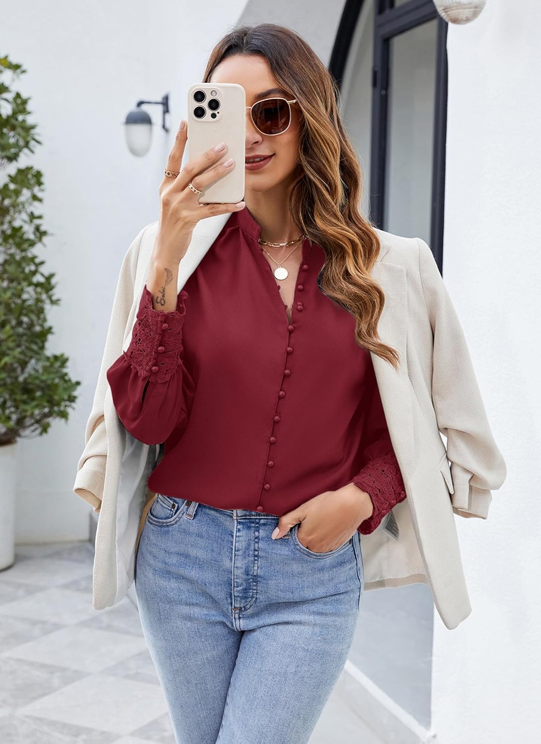 Neweek Womens Button Down Shirts Lace Cuff Long Sleeve Chiffon Dressy Tops Band Collar Fall Business Casual Blouses 2025