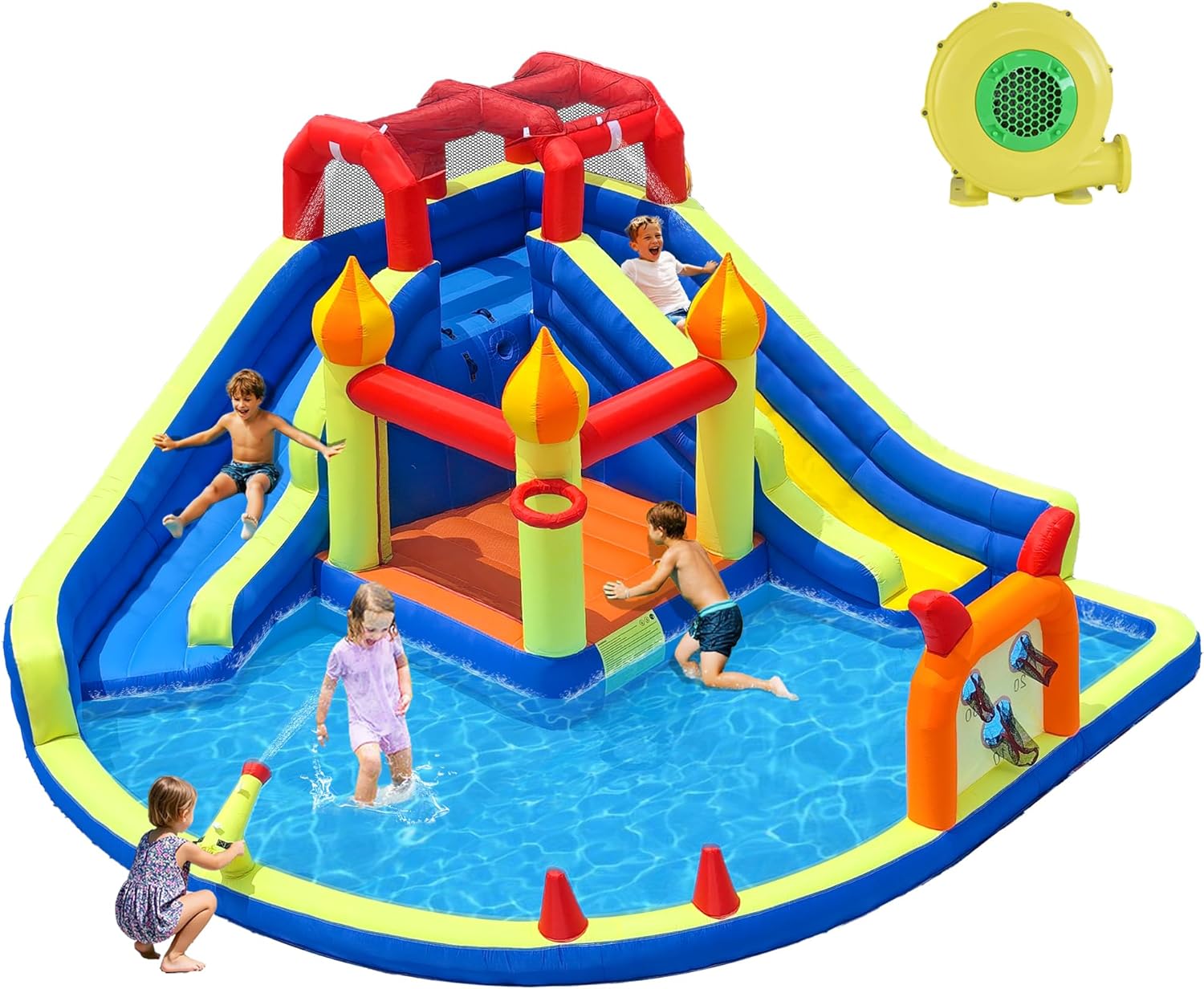 Blow Up Water Slides for Kids Backyard, Two Long Slides Jumping Bouncy Castle for Kids Outdoor, Inflatable Bounce House with 550W Blower