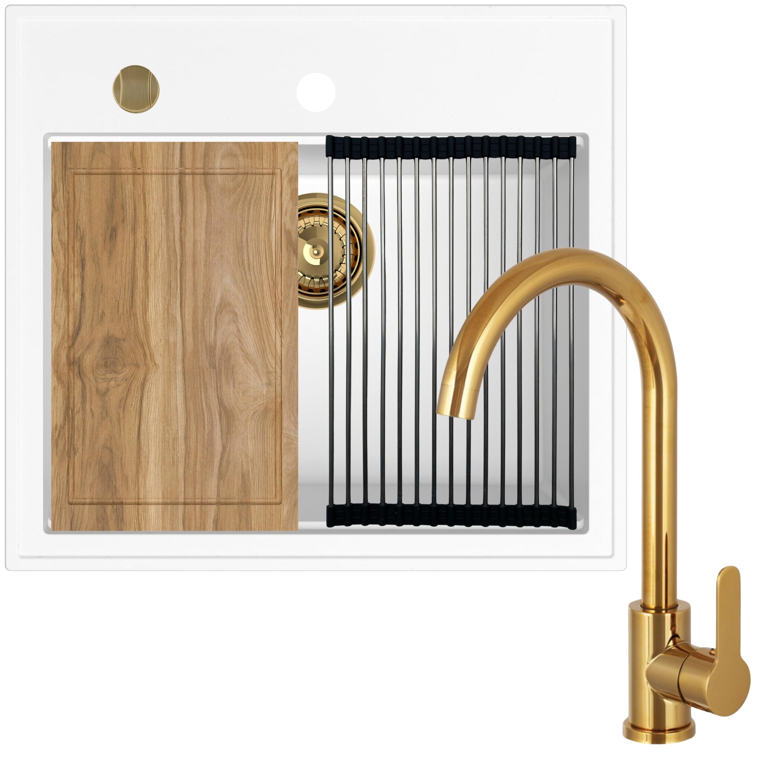 SINK Quality zlewozmywak biały z armaturą 56 x 51 cm – zlewozmywak z kranem, deska do krojenia, syfon, złoty, ociekacz, środek impregnujący – kompletny zestaw do szafki pod umywalkę 60
