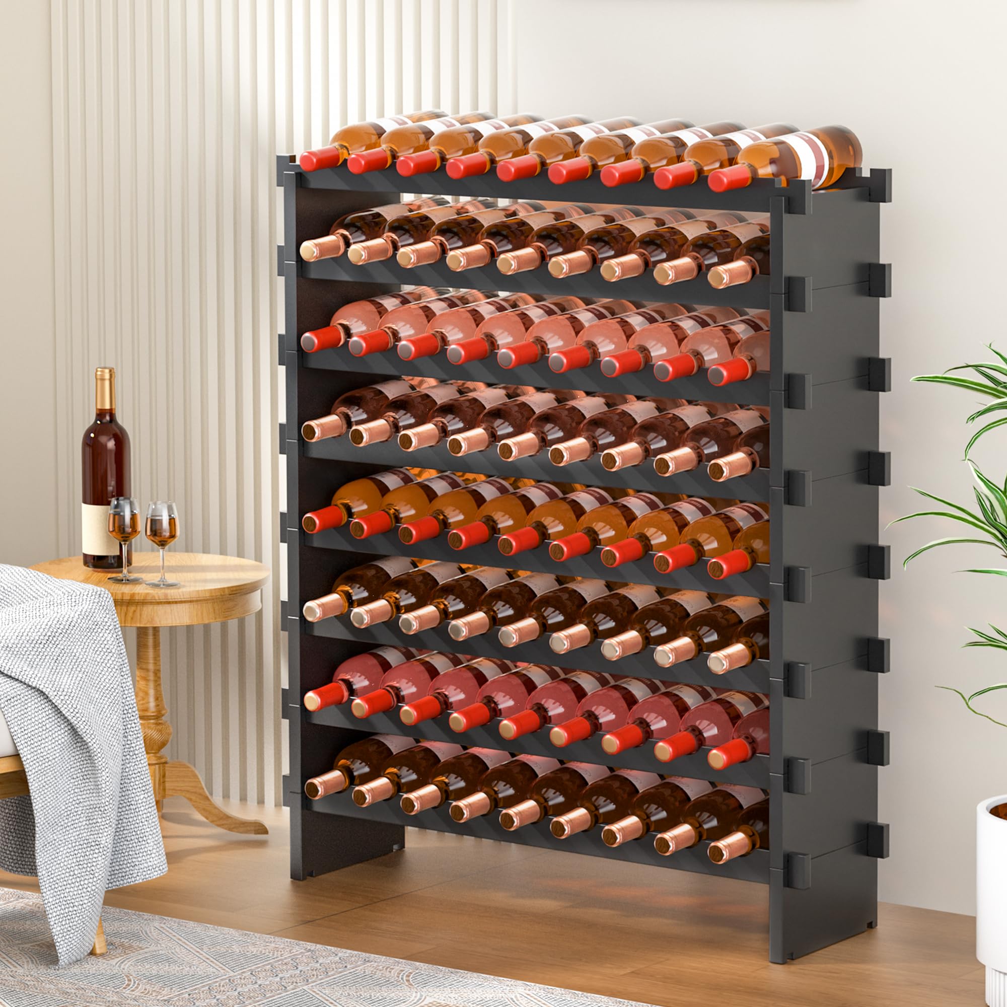 VASMIA Scaffale per Vino in Bambù Impilabile, Autoportante, 72 Bottiglie, Senza Attrezzi, Montaggio a 8 Livelli, per Cucina, Bar, Sala da Pranzo, Cantina, Nero