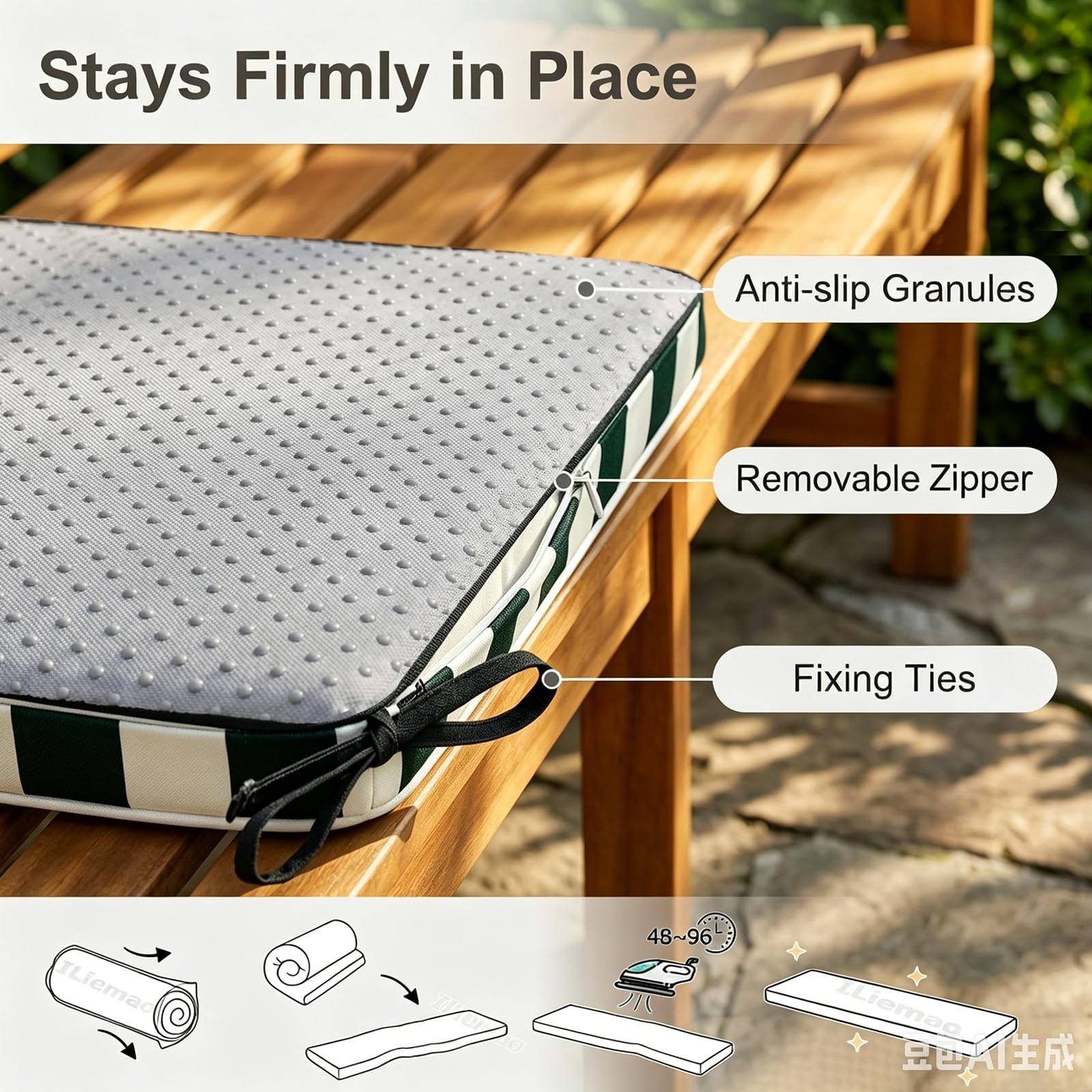 Cuscini per Panca Esterna Giardino a Righe Impermeabili 80%, Cuscini per Divani da Esterno, Cuscino per Panca Spesso 5cm, per Panche Interni Chaise in legno(Bianco verde scuro,90x55 cm 35x22 in)