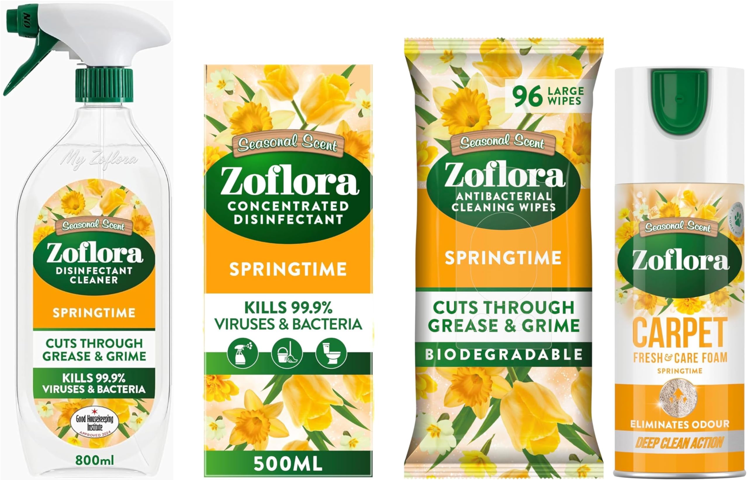 Zoflora Springtime Bundle - Multipurpose Disinfectant Trigger Spray, 1 x 800ml, Concentrated Disinfected Liquid 500ml, Biodegradable Wipes & Fresh Carpet Freshener & Care Foam 600ml (One of each)