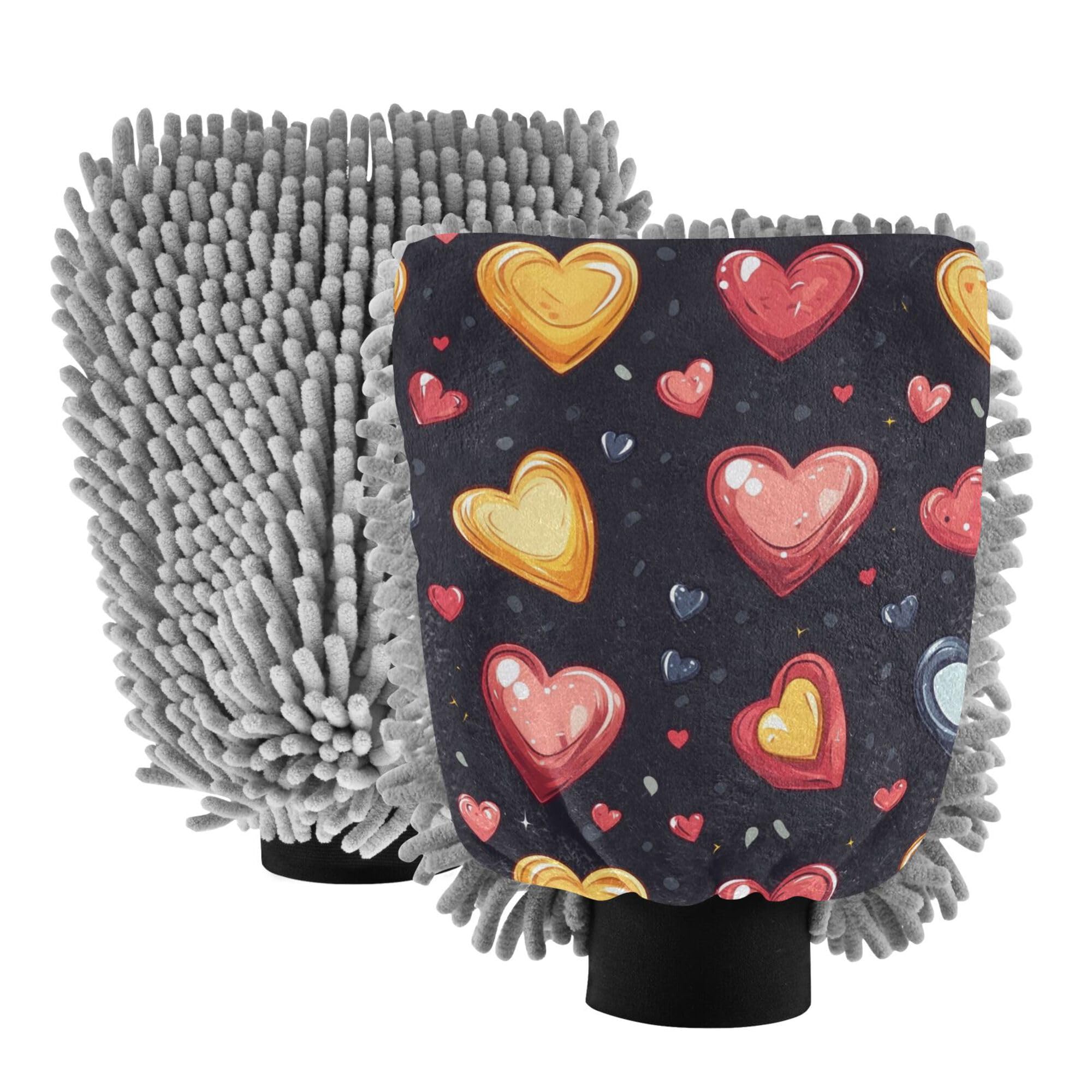 Valentines' Hearts Hand Mitt Car Wash Glove 2 Pack Car Washing Glove Non Scratch Clean Safe Mitt for Auto Supplies