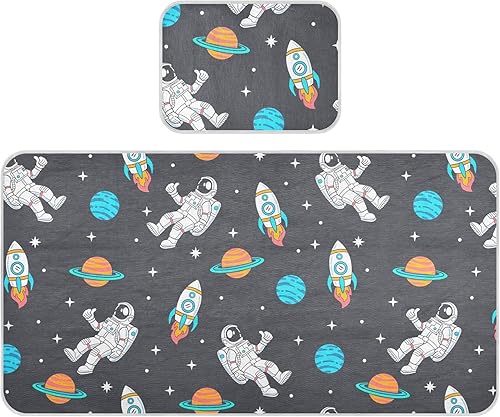 Cartoon Space Rockets Planets Crib Mattress Protector Mini Crib Mattres Pad Cover Cooling Mattress Topper Play Mat Ice Silk Cooling Pad & Pillow