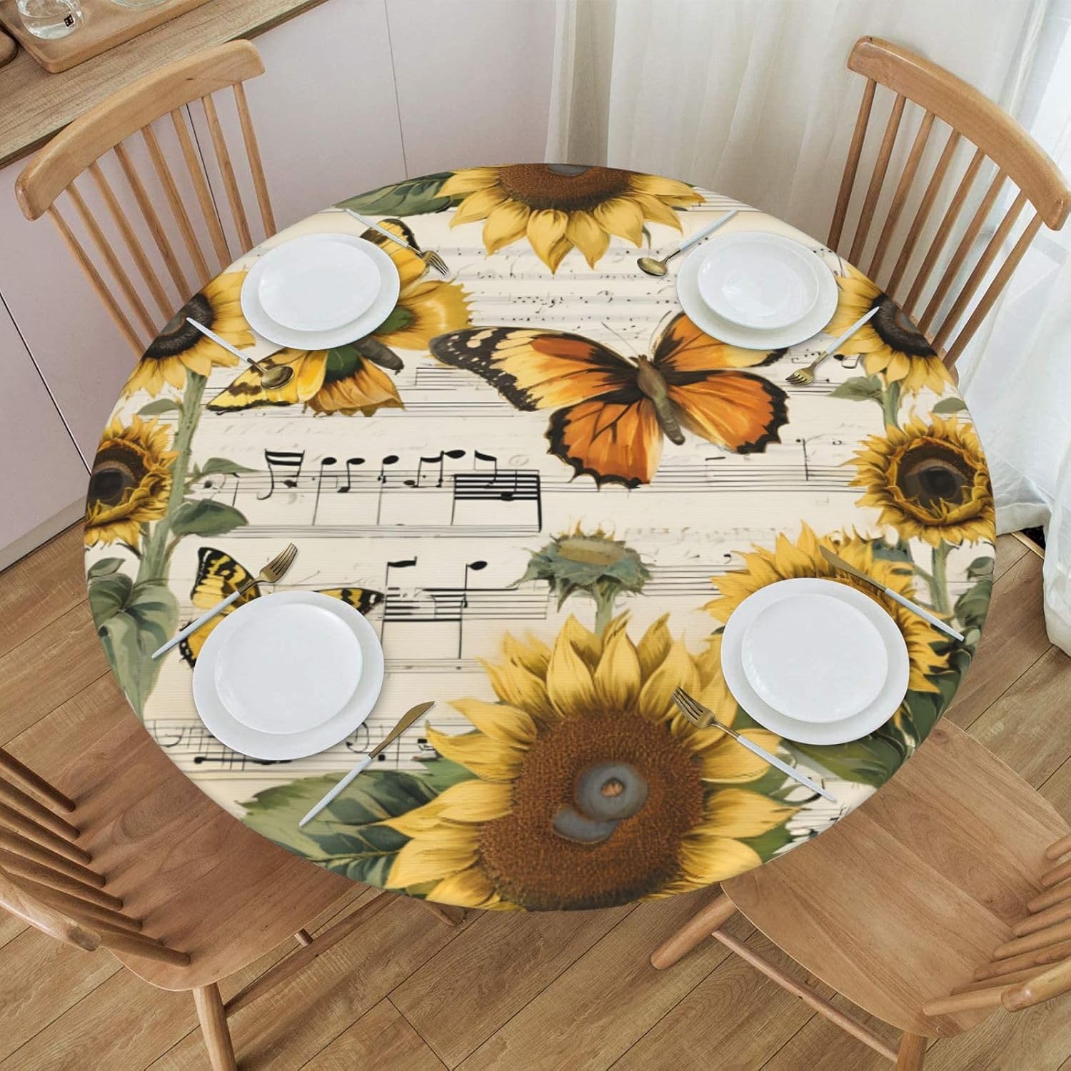 Fiokroo Butterfly Music and Sunflower Tablecloth with Elastic Edge, Round Table Cloth Washable Reusable Table Cover for Kitchen Dining Party Picnic, Medium (Suitable for 45-50 in)