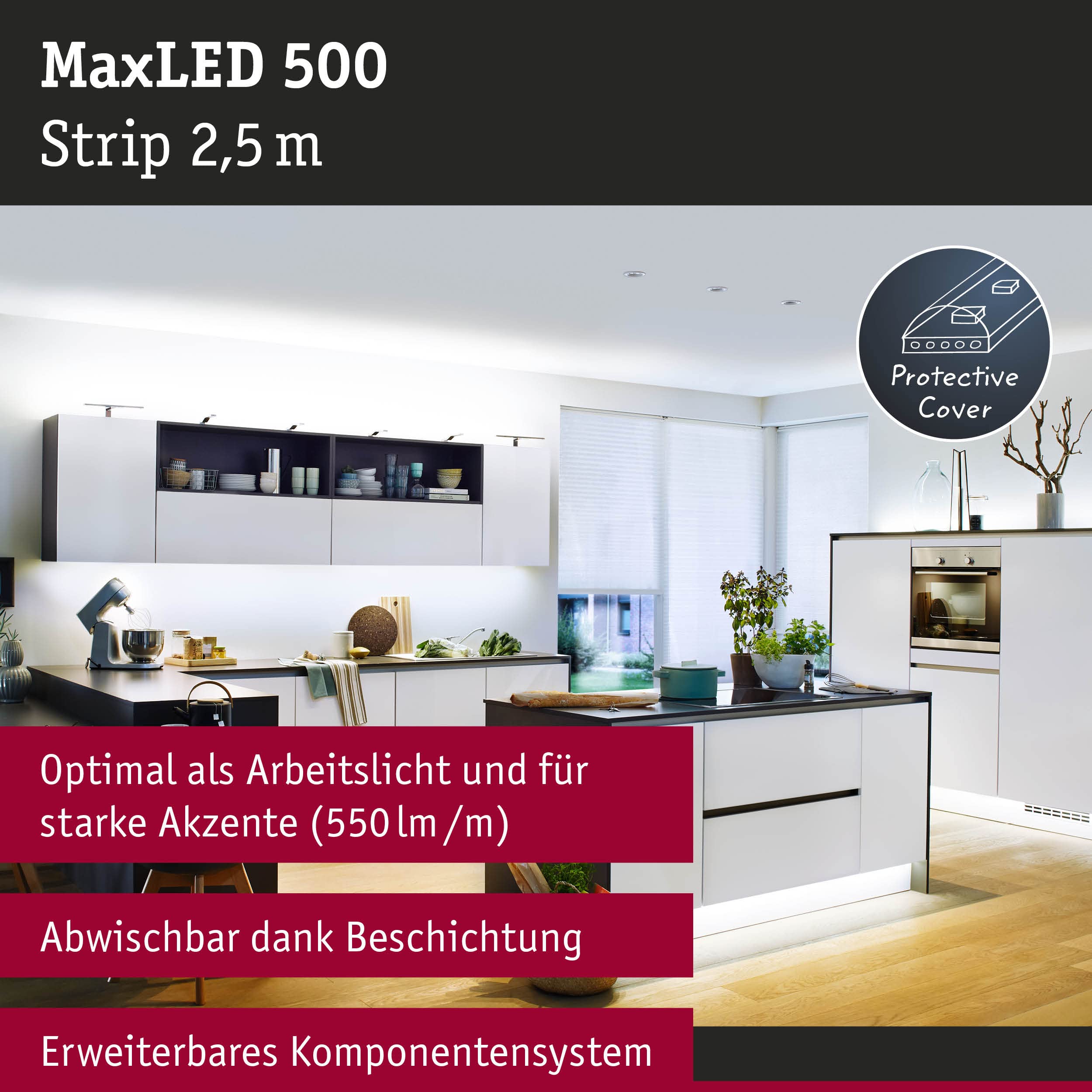 Paulmann 70548 tira de LED MaxLED 500 2,5m 1375lm IP44 incl. 1x15 W regulable luz diurna blanco plata tira de LED plástico 6500 K