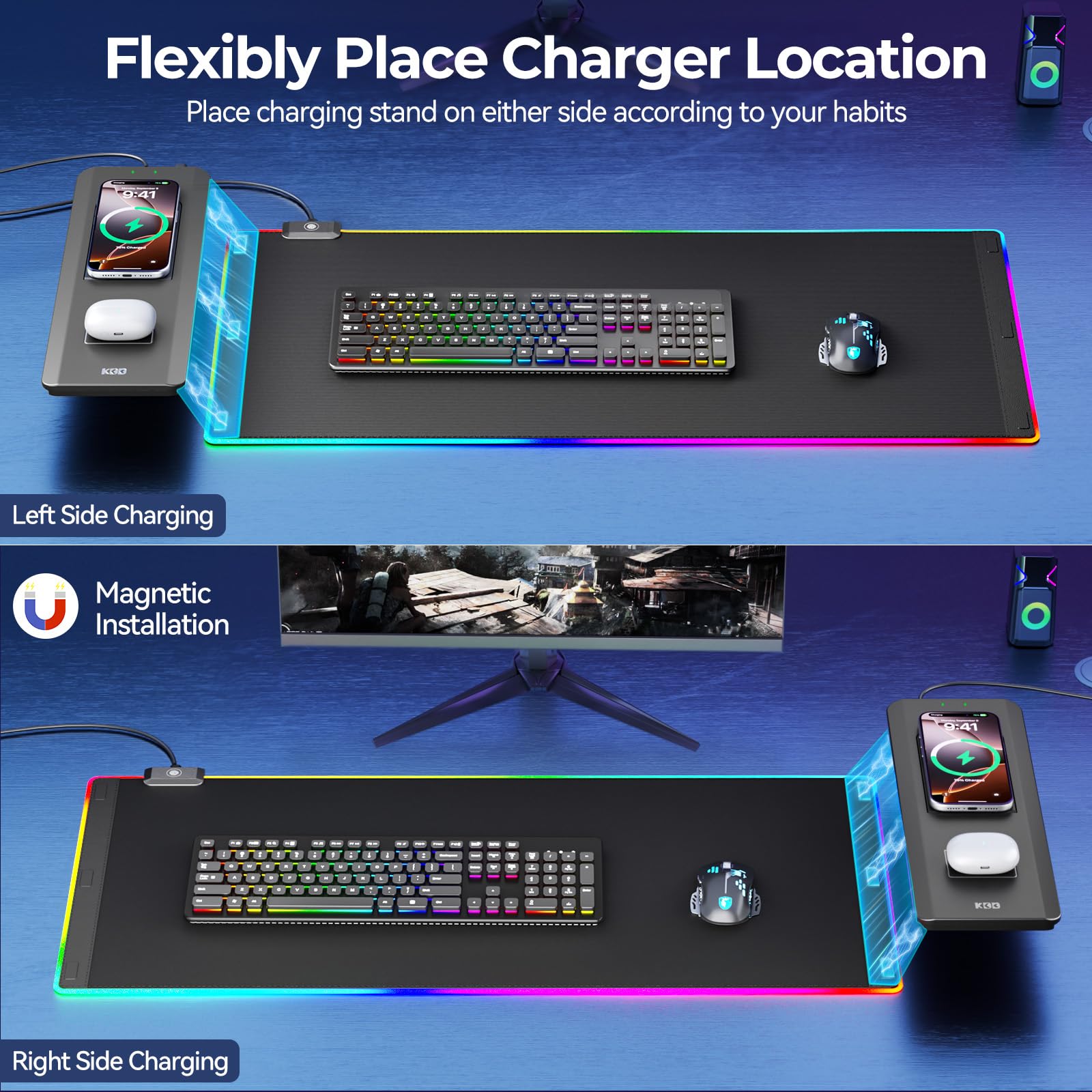 KDD Tappetino per Mouse con Supporto Telefono - Tappetino da Scrivania con Ricarica Wireless Rapida da 15 W - Sottomano da Gioco con Superficie Ultra Liscia, Base Antiscivolo, Accessori da Scrivania