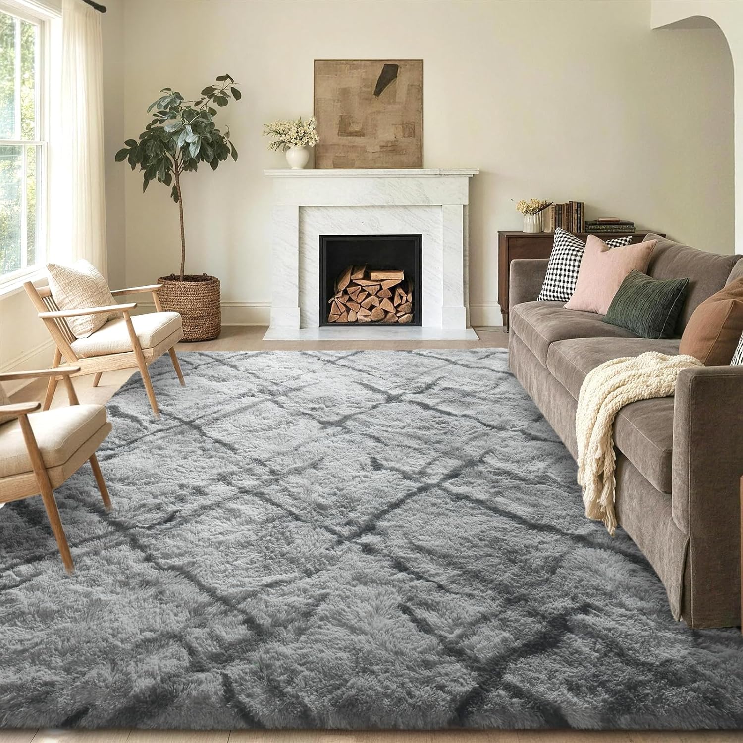 FinRèc Area Rugs for Bedroom Living Room, 5x8 Feet Fluffy Shaggy Rug, Non-Slip Soft Shag Rug for Nursery Kids Room Dorm Room Home Decor, Indoor Plush Floor Carpet Black and Grey