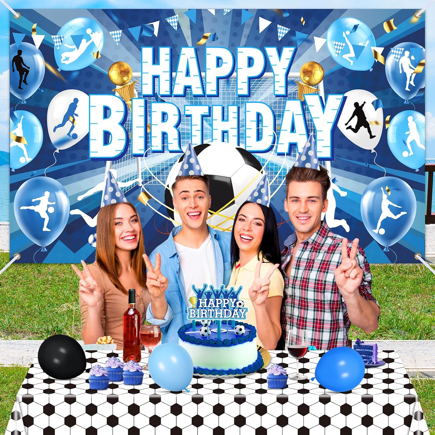 Blue Soccer Happy Birthday Banner - Large Sport Football Birthday Backdrop Background Photo Booth Props for Soccer Ball Theme Party Decorations - Image 3