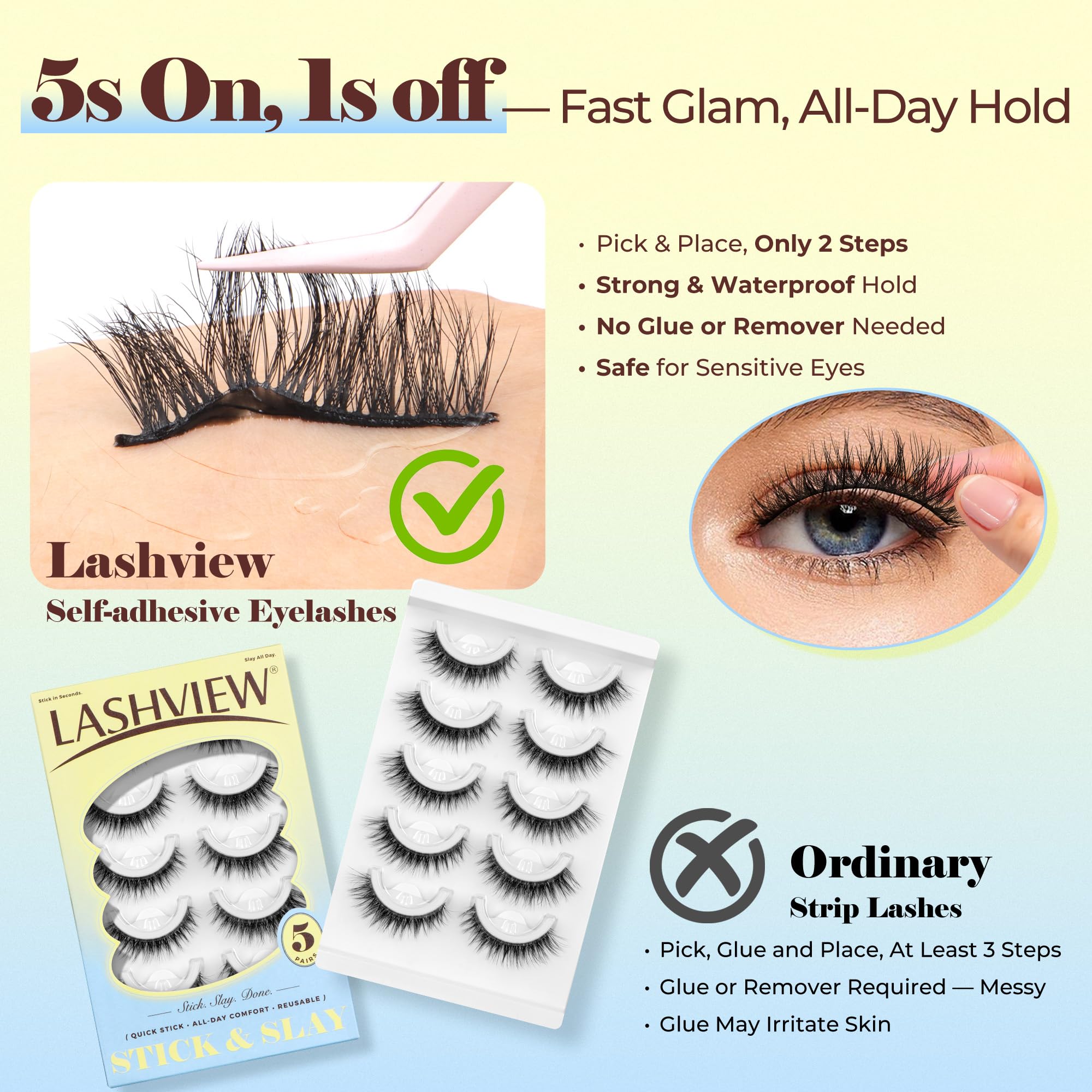 LASHVIEW Self Adhesive Eyelashes, 5 Pairs Natural Look Press On Lashes No Glue Need Eyelashes Reusable Cat Eye Wispy Self-adhesive False Lashes with Replacement Adhesive Strips (C122)