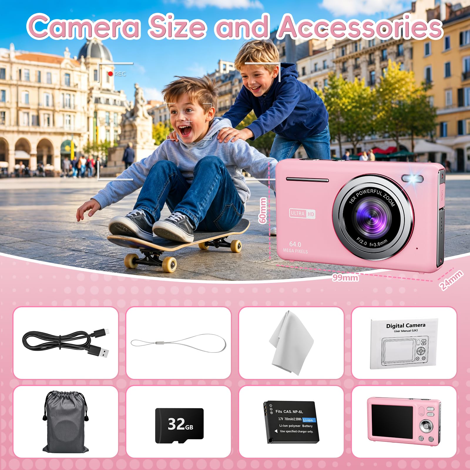 Macchina Fotografica Digitale 64MP 4K Fotocamera Digitale con Zoom Digitale 16X Ricaricabile Macchina Digitale Compatta con Scheda da 32GB per Bambini Studenti Principianti (Rosa)