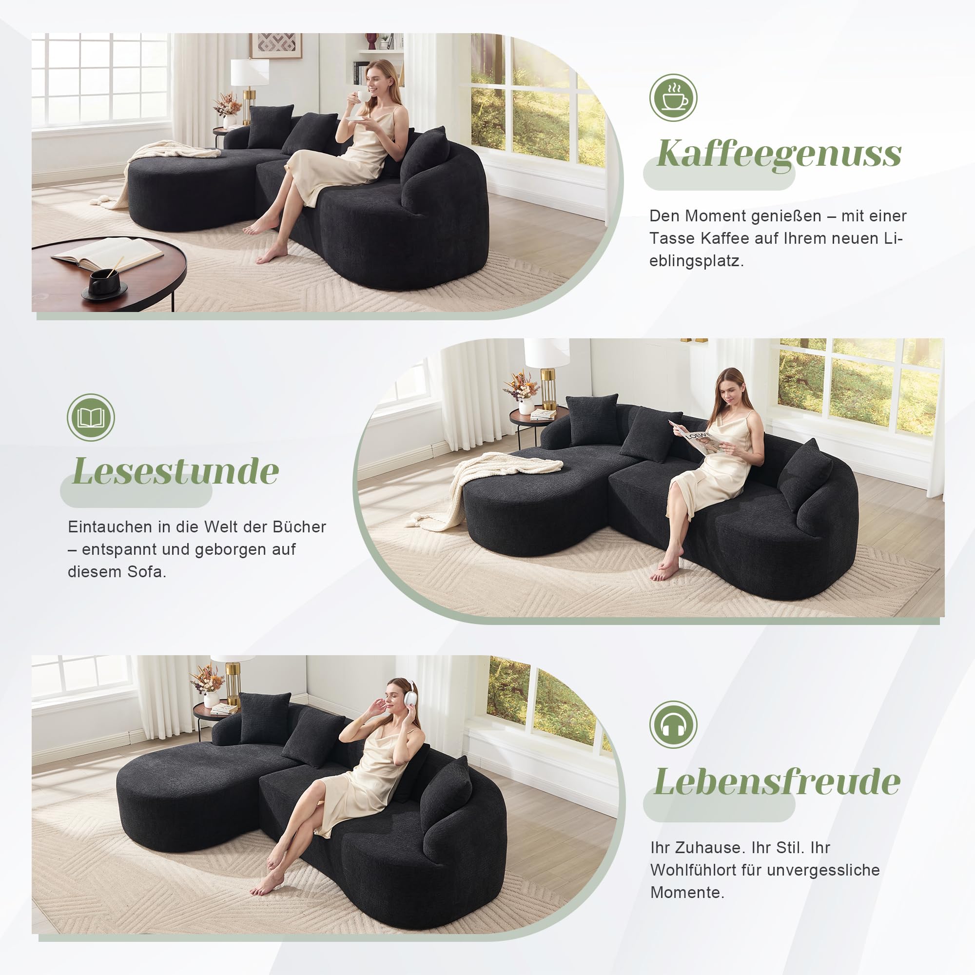 Sofá curvo modular de 243 cm, en forma de L, chenilla, color negro