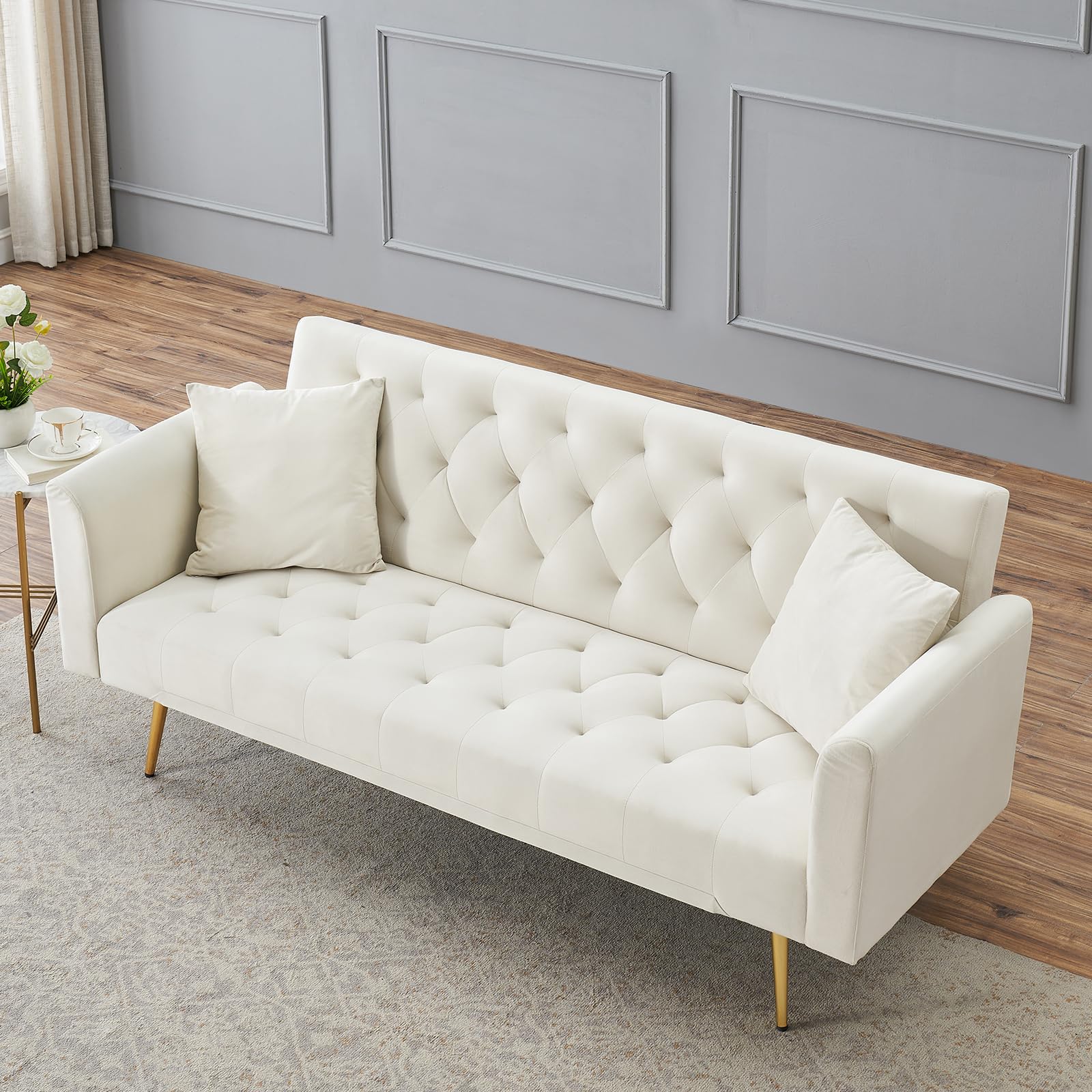 71" Modern Velvet Sofa Bed Futon, Convertible Sleeper Couch, Adj. Backrest | Tufted Recliner Loveseat Design with Golden Chrome Legs & 2 Pillows, Perfect for Small Spaces, Living Room, Apartment