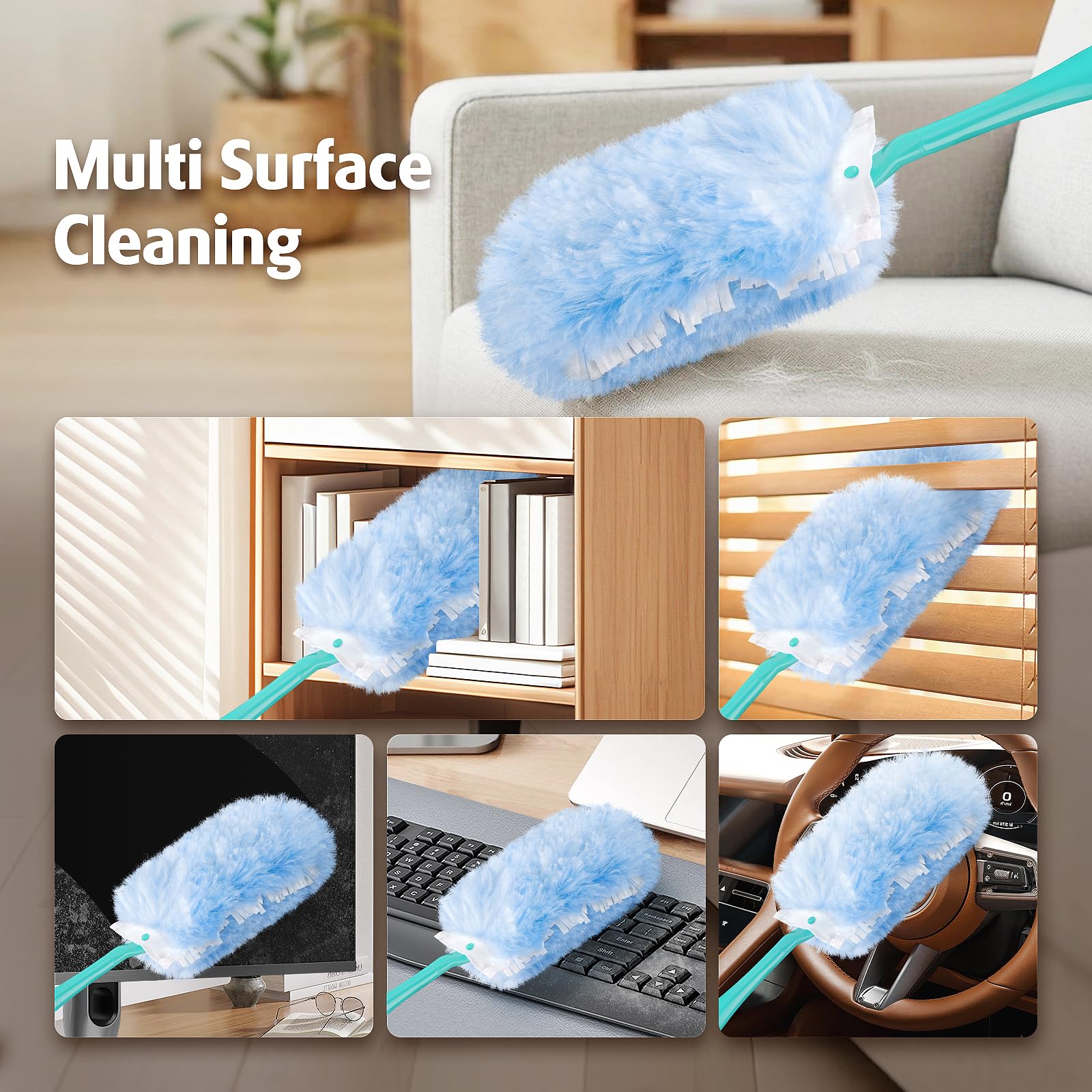 60 recambios de plumero de 360° para plumero Swiffer con 2 manos mejoradas | Plumero desechable multisuperficie de 2 lados de 360°, 4 x microfibras, para limpieza