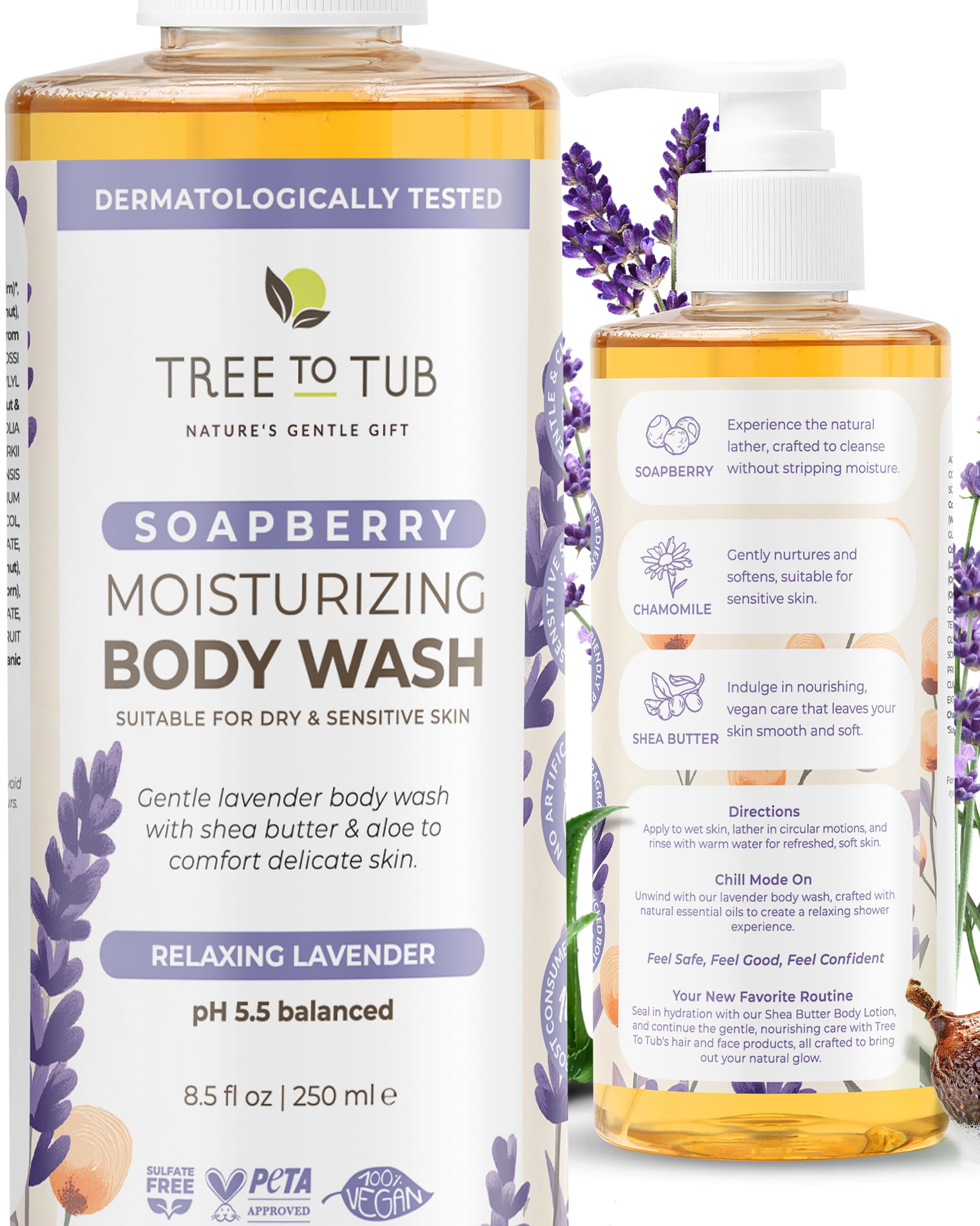 Tree To Tub Lavender Body Wash for Sensitive Skin & Dry Skin - pH Balanced Moisturizing Body Wash, Hydrating Sulfate Free Vegan Body Soap for Women &