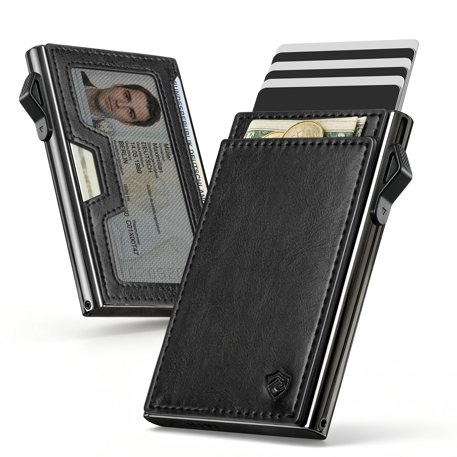 YESIIW Cartera Tarjetero Hombre | Aluminio Pop Up Tarjetero para 6 Tarjetas y ID Window | Bolsillo de Cuero Magnético p…