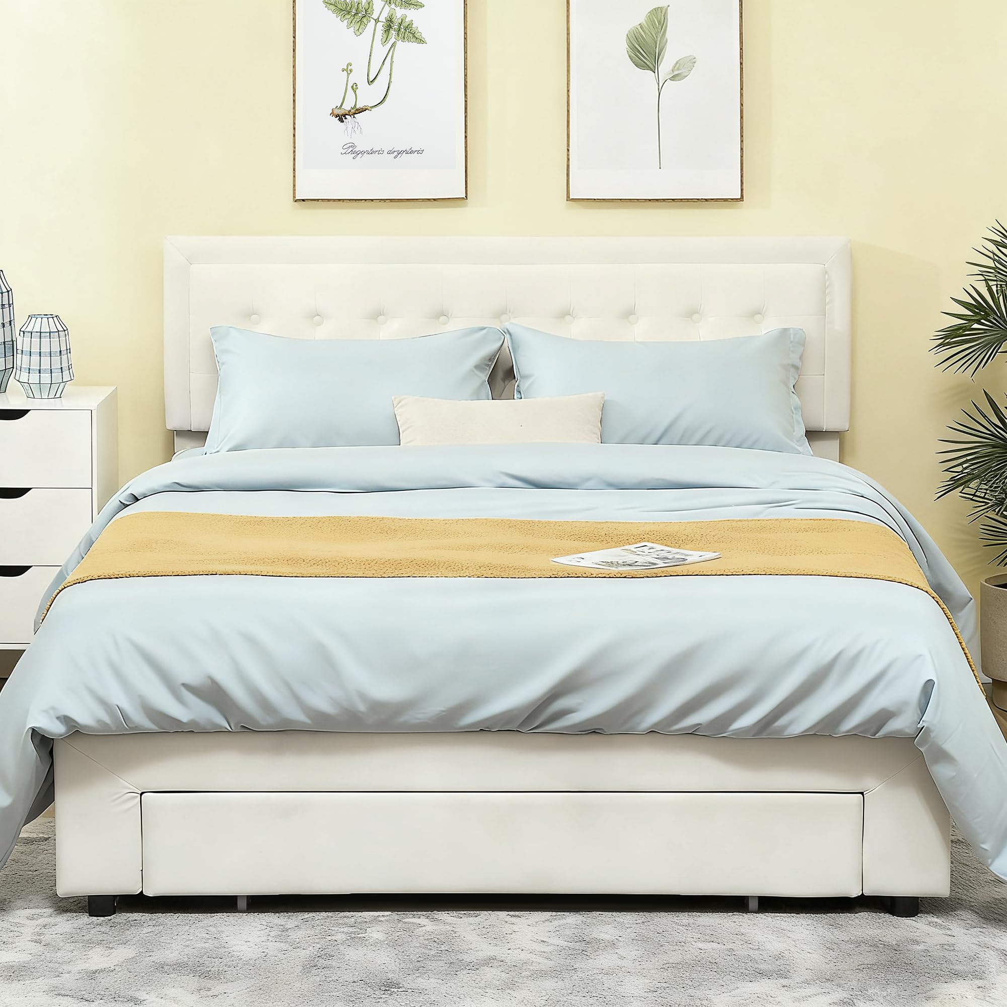 HOMCOM Upholstered Ottoman Bed with Storage Drawer 5ft King Cream White