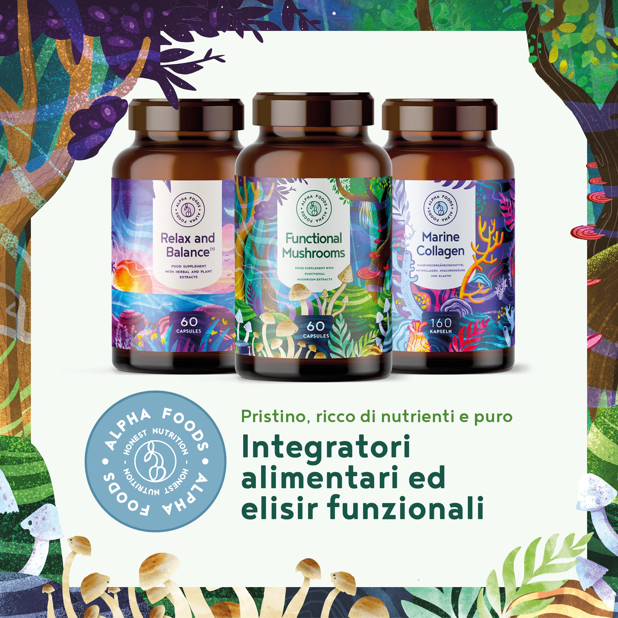 Funghi Funzionali con Maitake, Funghi Shiitake, Cordyceps, Fungo Reishi, Agaricus, Lions Mane | Integratore Multivitaminico Completo per Difese Immunitarie Adulti e Salute del Cuore | Alpha Foods