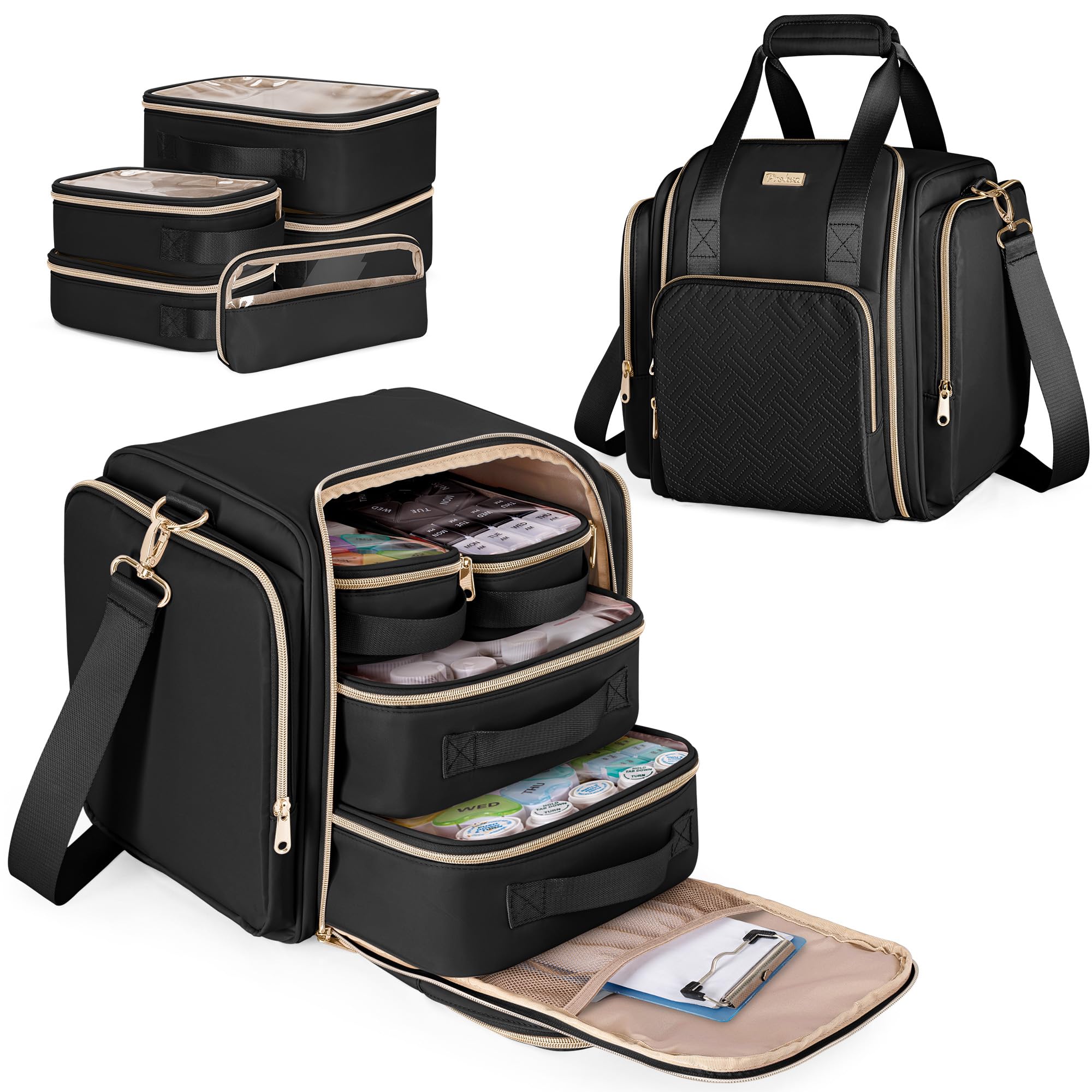Sac de Rangement pour Médicaments avec 5 Poches Amovibles, Sac Organisateur de Flacons de Pilules avec Bandoulière, Grand Sac de Voyage pour Médicaments pour Fournitures Médicales, Noir