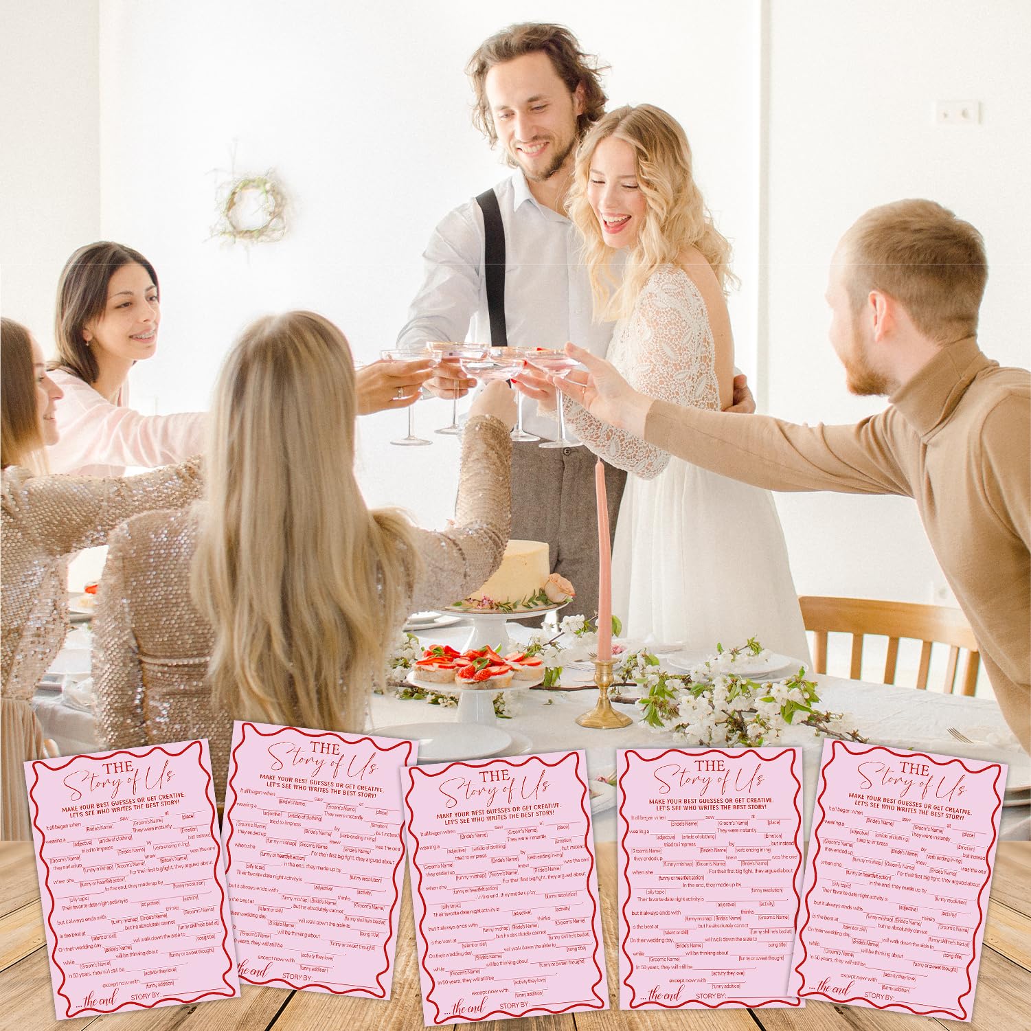 Różowe karty z grami dla nowożeńców, 'Love Story' zajęcia weselne, zaręczynowe karty do gier, wieczór panieński, na wesela, różowe dekoracje ślubne, 50 kart do gier 15 x 20 cm