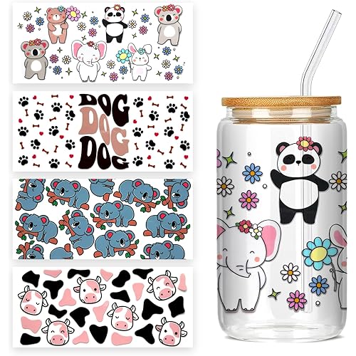 4 Sheets UV DTF Cup Wrap Transfer Stickers for DIY Craft Decorations for 16oz Glass Water Bottle (Animals-A)