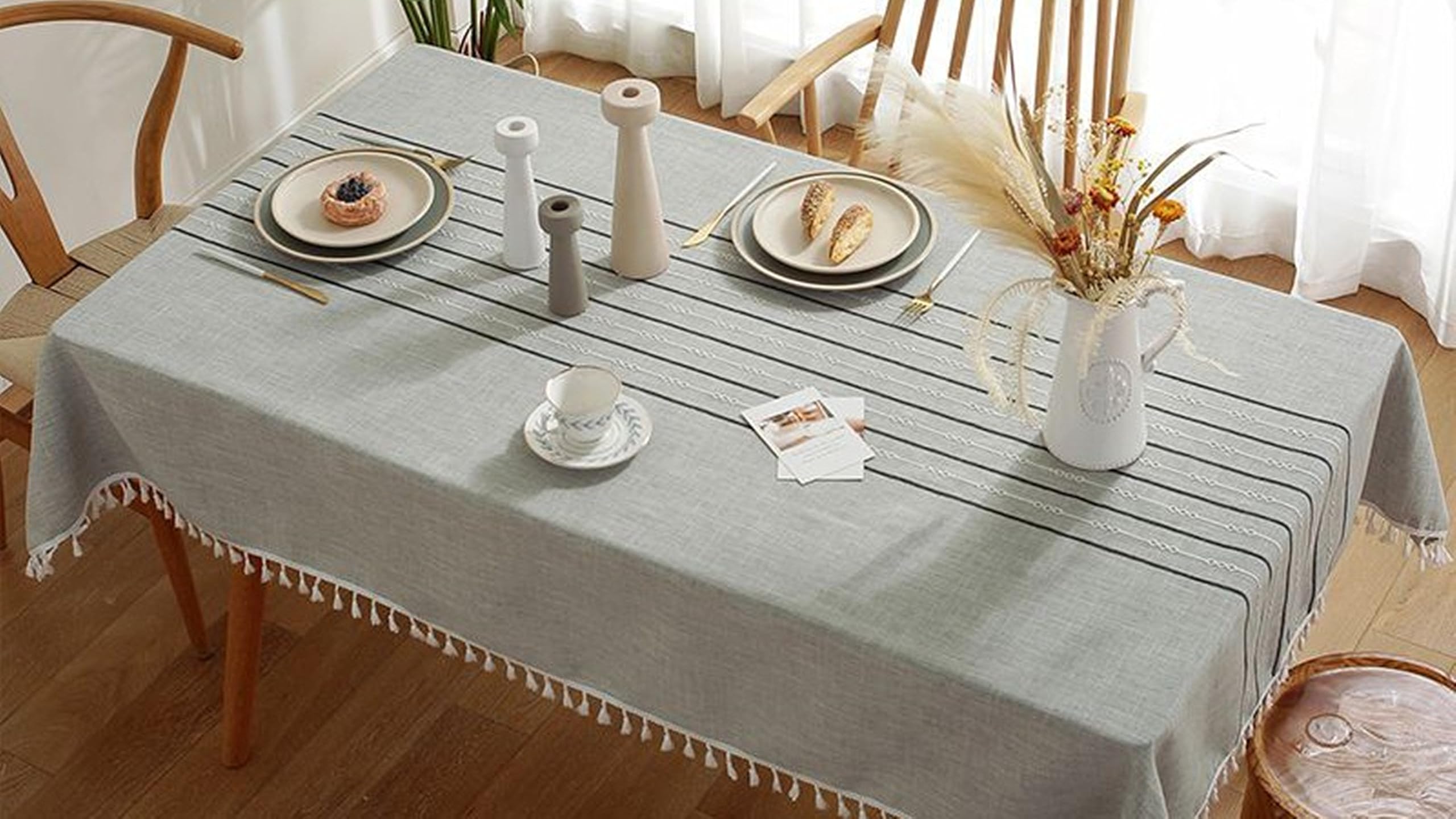 Zmywalny obrus w paski, szary, 140 x 180 cm, Tablecloth o wyglądzie lnu, prosty, prostokątny, stół kempingowy