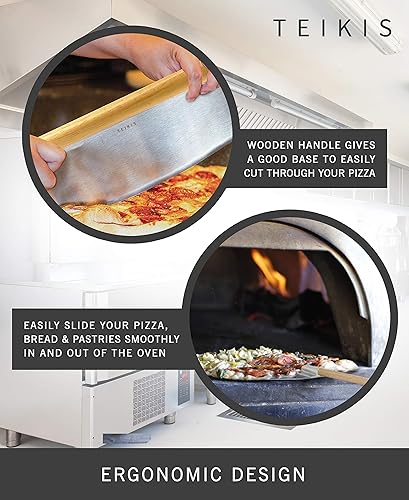 Miniatura 5 de Cortador de pizza estilo balancín y cáscara de pizza, cortador de metal para pizza grande de 14 pulgadas, cortador de cuchillas afiladas con bandeja