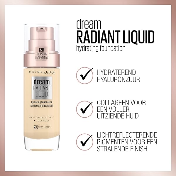 Maybelline Foundation, Dream Radiant Liquid Hydrating Foundation with Hyaluronic Acid and Collagen - Lightweight, Medium Coverage Up to 12 Hour Hydration, 30 Sand - 5