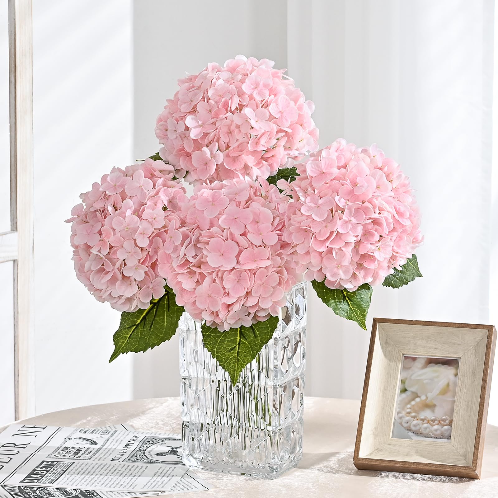 Condition photo showing New/Like New for martine mall 3pcs 21in hydrangea artificial flowers, latex real touch hydrangeas lifelike large hydrangea flowers for home decor party arrangements wedding bouquets centerpieces (light pink)