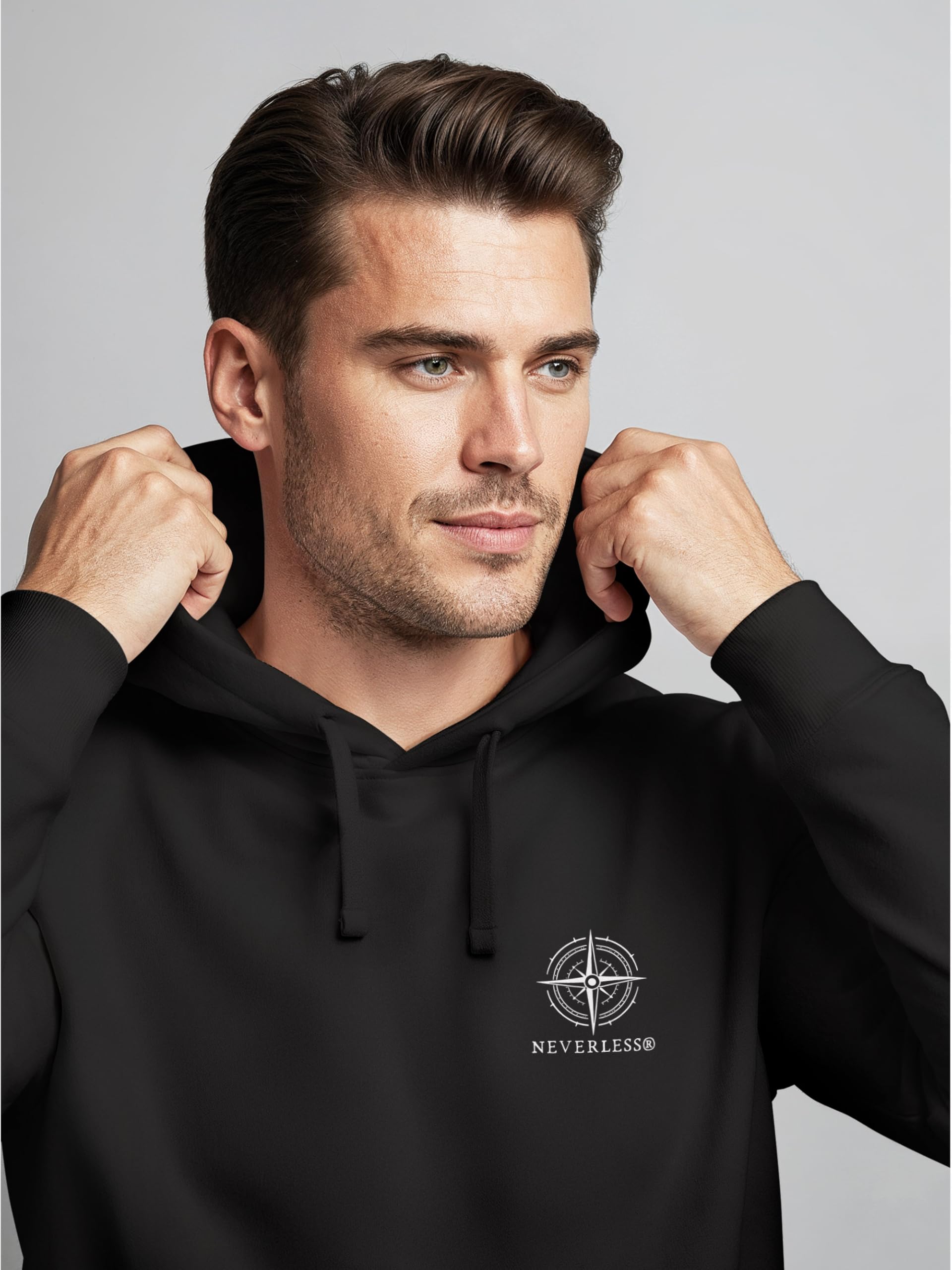 Neverless® Herren Hoodie Kompass Design Rückenaufdruck Outdoor Symbole Kapuzen-Pullover Männer Fashion Streetstyle