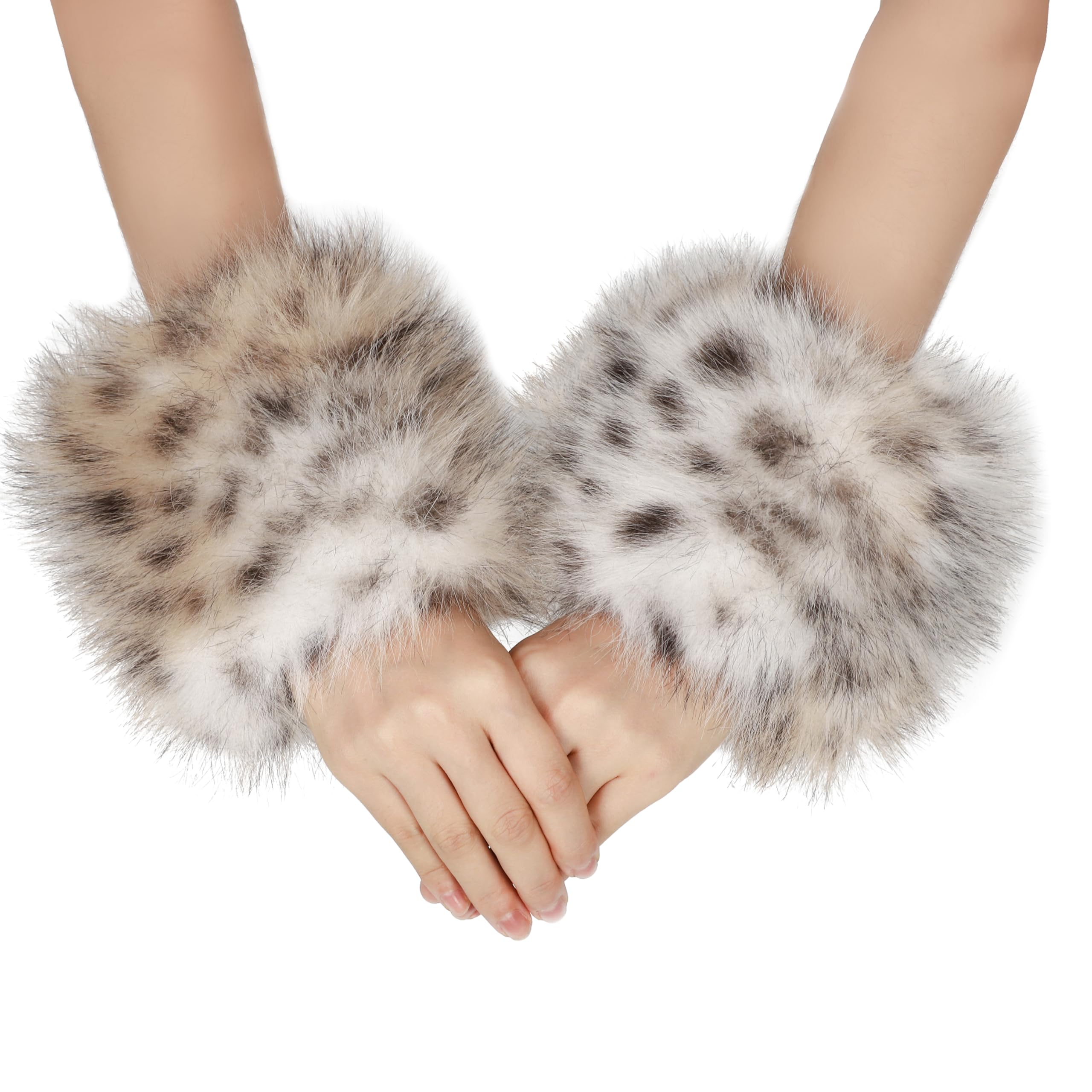 LA CARRIEWomen's Leopard Print Faux Fur Wrist Cuffs,Winter Fox Furry Bands Arm Warmer