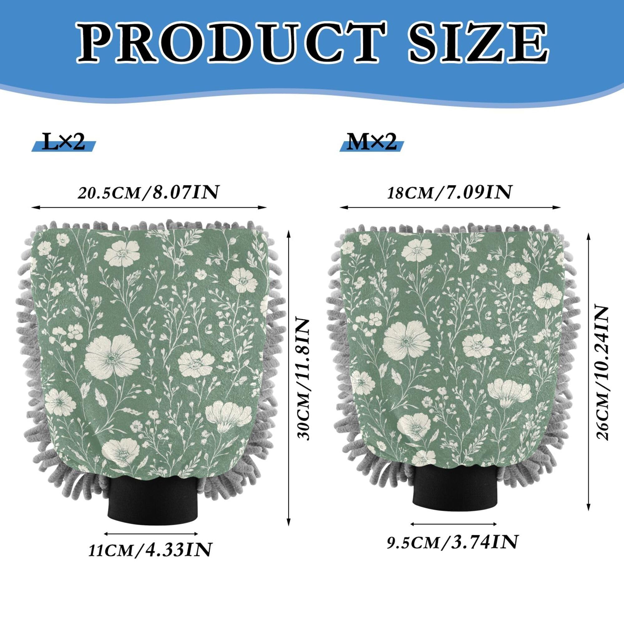 Autumn Flowers Carnation Peonies Sage Green Car Wash Mitt 11.8'' Gloves for Cars Washing Scratch Free Clean Sponges for Auto Cleaning