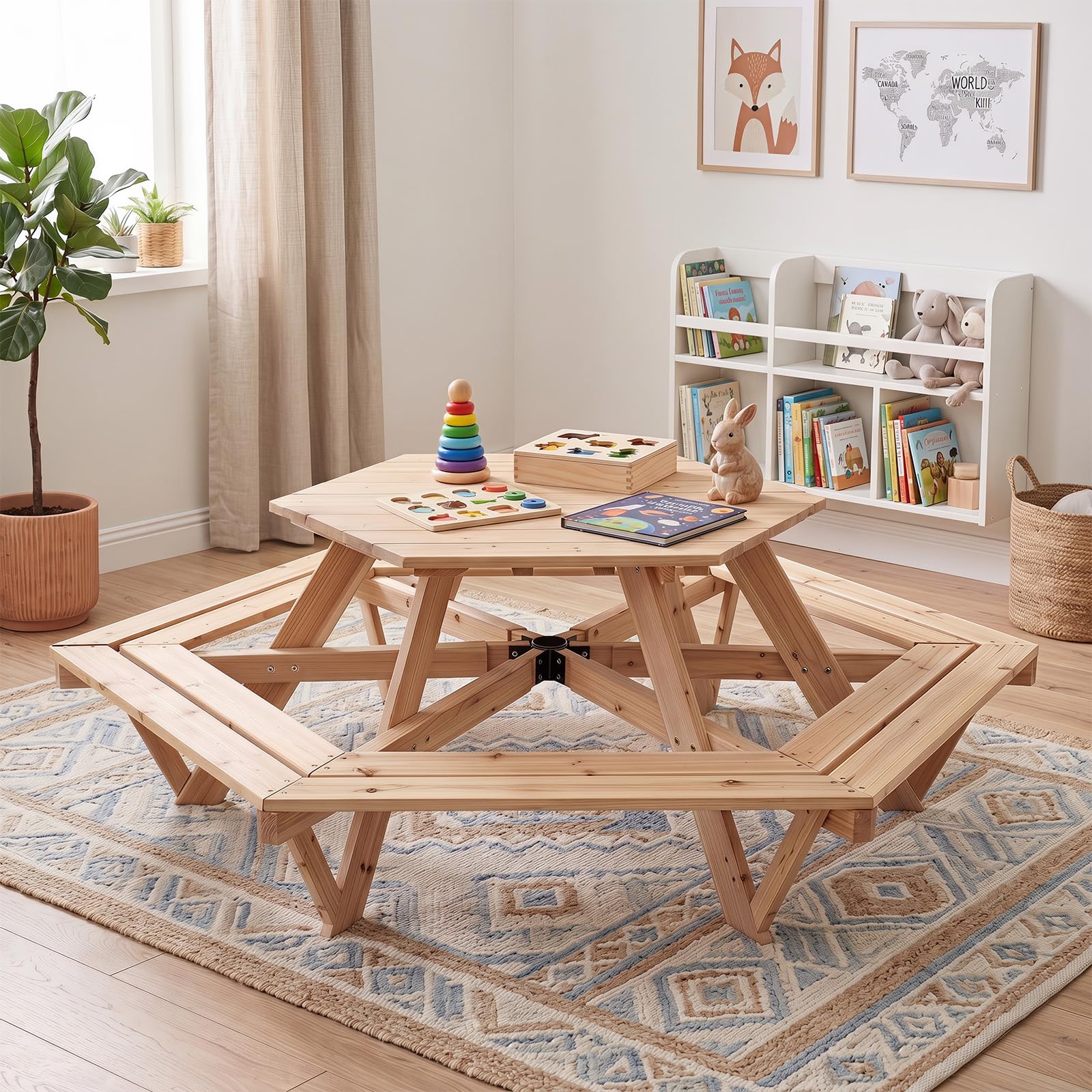 LIFEZEAL Tavolo da Picnic in Legno Massello per Bambini 3-8 Anni | Tavolino Esagonale con 6 Panche Integrate e Ombrellone Rimovibile e Regolabile, Tavolo da Campeggio per Esterno e Interno