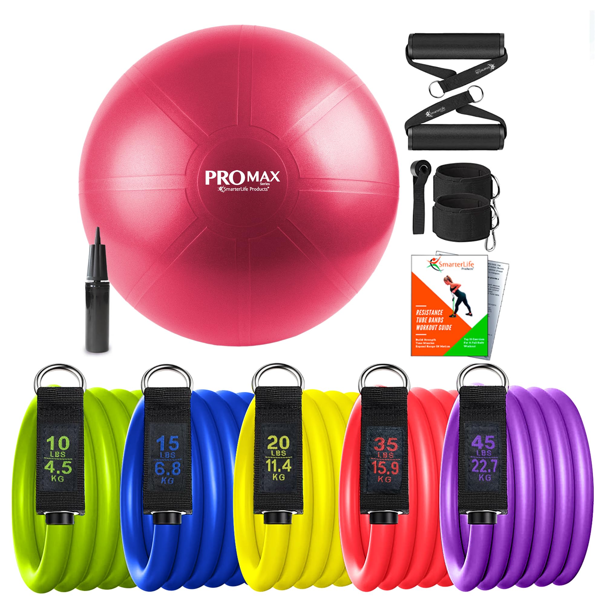 SmarterLife Resistance Bands & PRO MAX Workout Exercise Ball for Fitness (55cm) - Yoga, Balance, or Birth Ball for Pregnancy and Labor - Workout Bands for Women, Men - 5 Exercise Bands with Handles