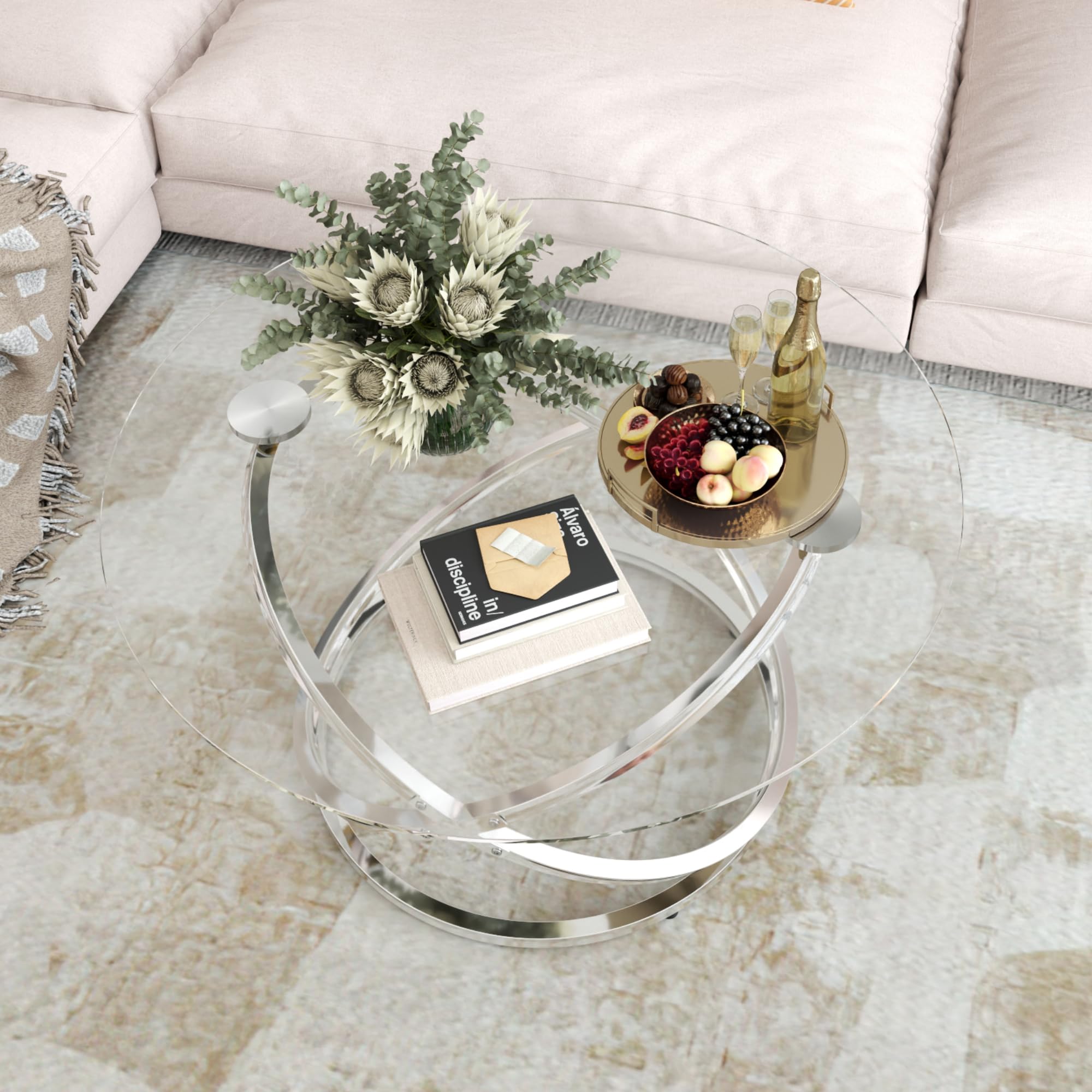 Otterease 31" Glass Coffee Table, Modern End Table with Ring Silver Metal Frame, Round Glass Coffee Table for Decoration, Small Silver Coffee Tables