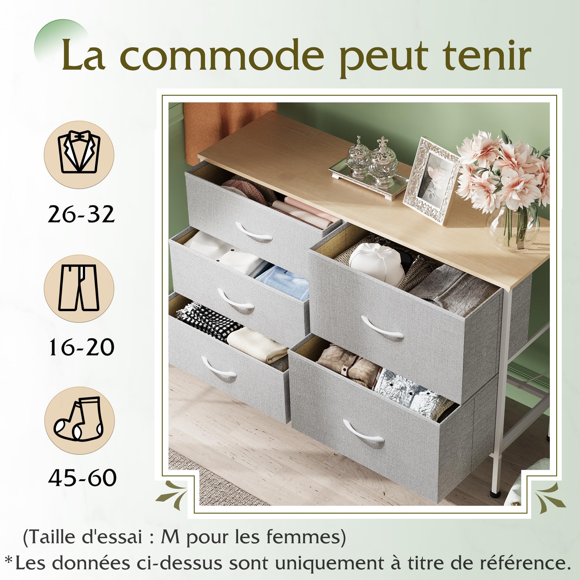 WLIVE Commode pour Chambre 5 Tiroirs, Grande avec Organiseurs, en Tissu pour Salon, Placard, Couloir, Gris Clair