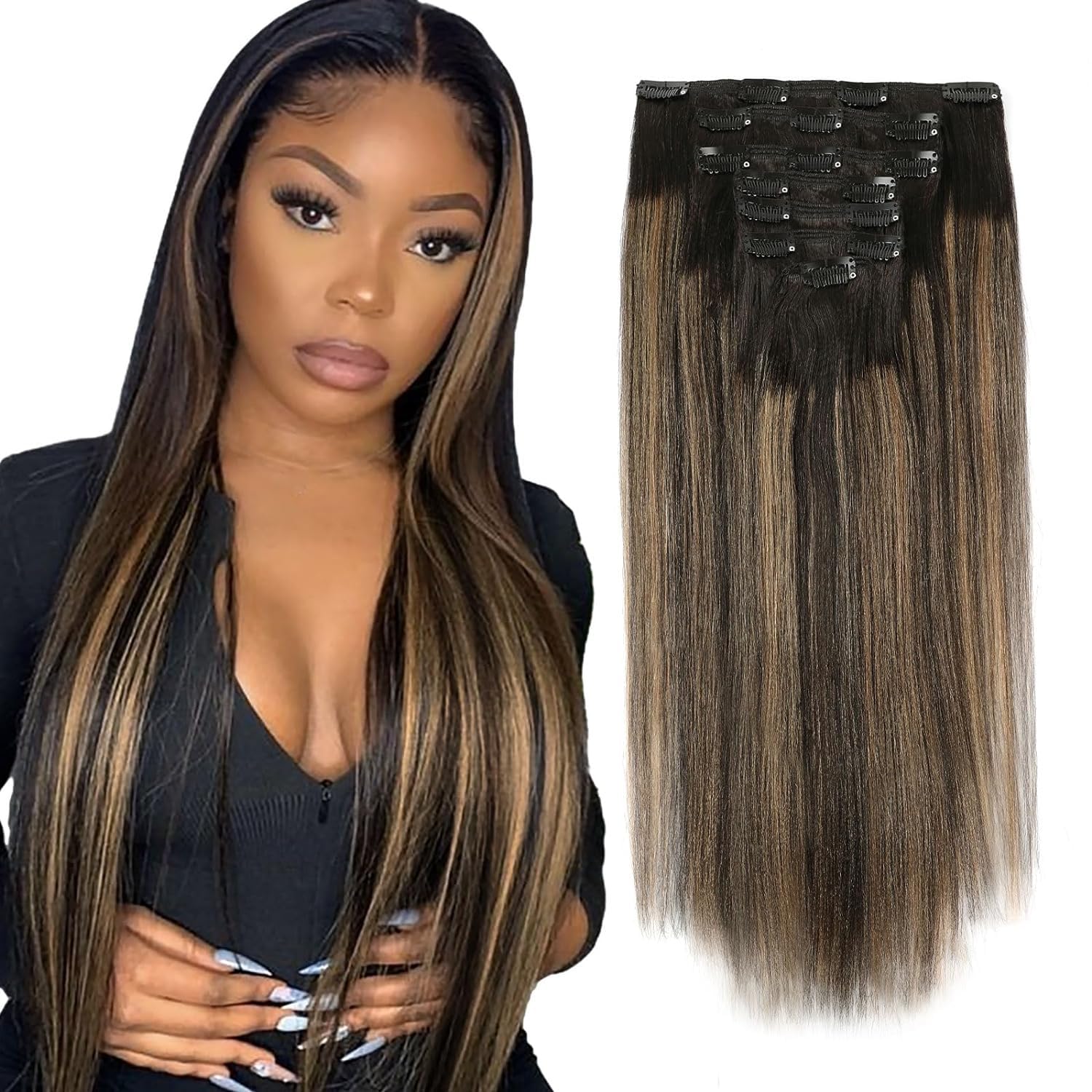 ABH AMAZINGBEAUTY HAIR Yaki Straight Clip in Hair Extensions Rooted Black Piano Natural Black #1B Fading into Caramel Blonde #27 Two Tone Yaki Clip