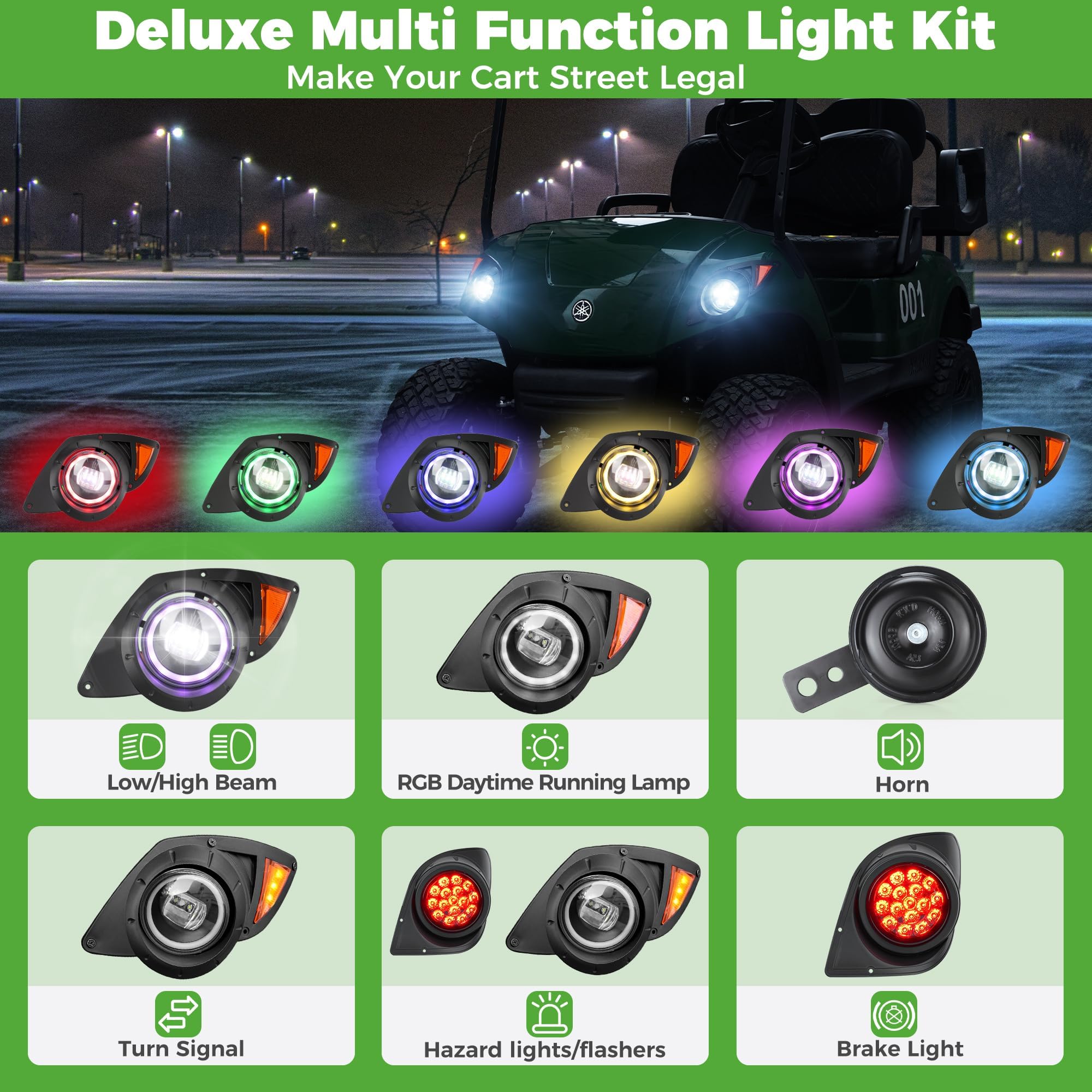 10L0L Golfwagen-Scheinwerfer und Rücklicht-Set, passend für Yamaha G29 Drive ab 2007, Deluxe-Straßenzulassungslicht-Set mit RGB-Tagfahrlicht, Blinker, Schalter, Hupe, Bremslicht-Kabelbaum