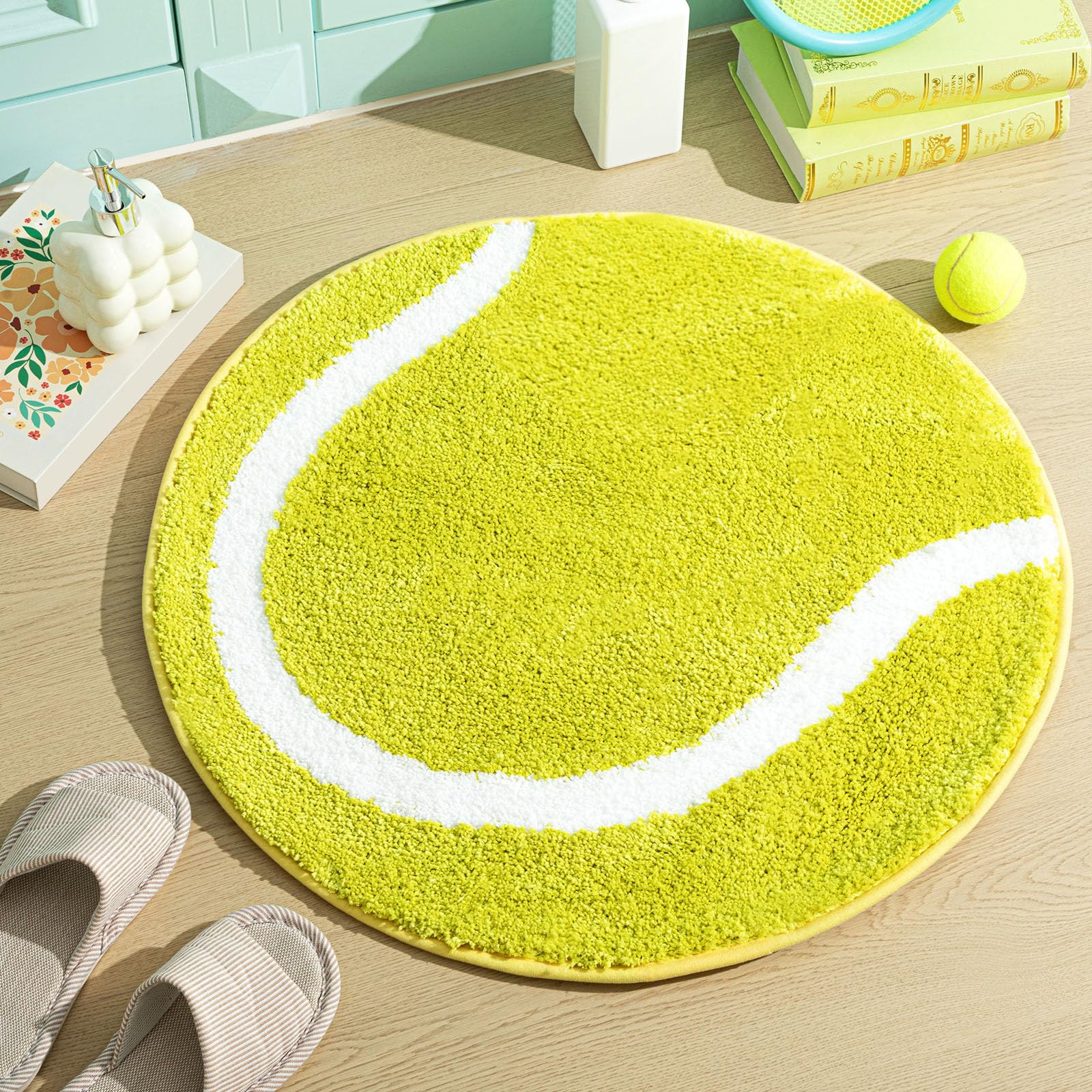 Funtery 25.6 Inch Tennis Ball Decor Gifts Tennis Ball Rug for Bathroom Plush Soft Round Green Mat Sports Washable Room Carpet for Bathroom Bedroom
